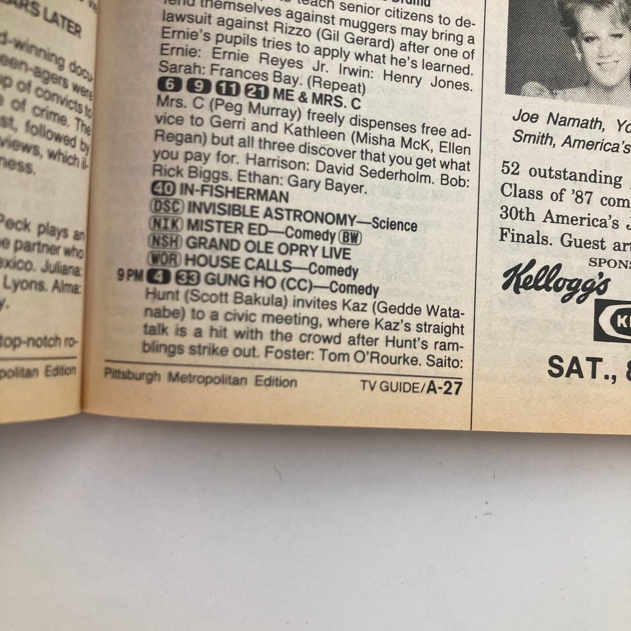 Inside page of TV Guide Magazine June 20 1987, detailing TV schedule and programming information. Pittsburgh Metropolitan Edition featuring show listings.