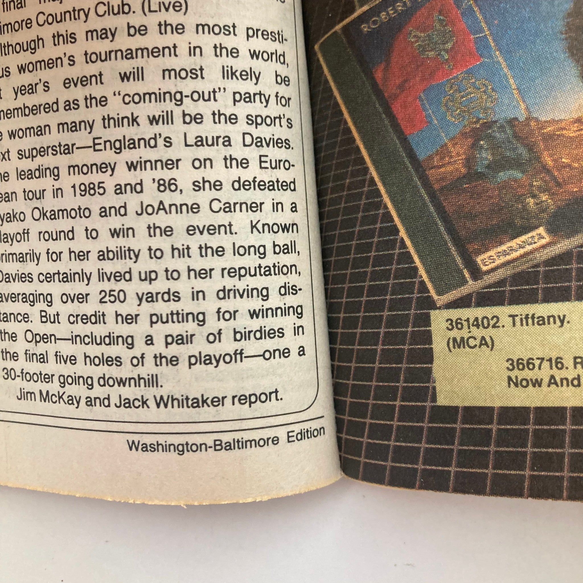 Inside page of TV Guide Magazine July 23, 1988, detailing an article about women's golf, mentioning Laura Davies and reporting by Jim McKay and Jack Whitaker.