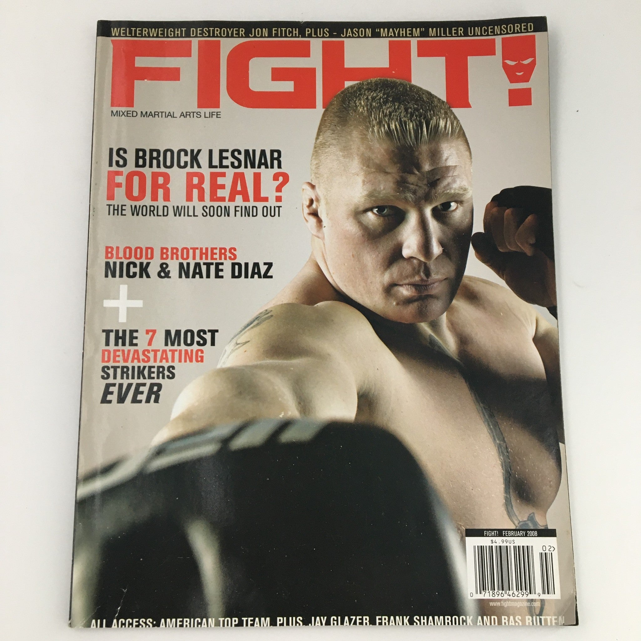 Cover of Fight Magazine February 2008 featuring WWE Star Brock Lesnar, showcasing his athletic physique and intense expression, surrounded by headlines and promotional content.