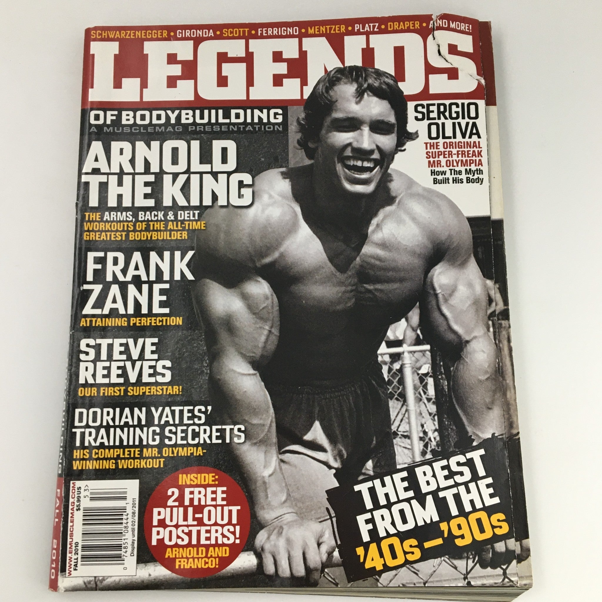 Cover of Musclemag Legends of Bodybuilding Fall 2010 featuring Arnold Schwarzenegger, showcasing the theme of legendary bodybuilders with iconic figures like Sergio Oliva, Frank Zane, and Steve Reeves. The magazine presents articles on bodybuilding techniques and athlete profiles from the past.
