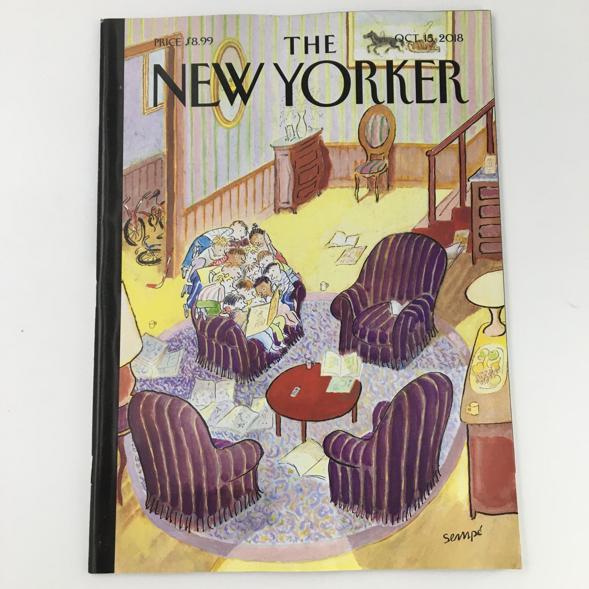 The New Yorker October 15 2018 Full Magazine Cover featuring a cozy living room scene illustrated by Jean-Jacques Sempé, highlighting elegant armchairs and piles of magazines, perfect for collectors.
