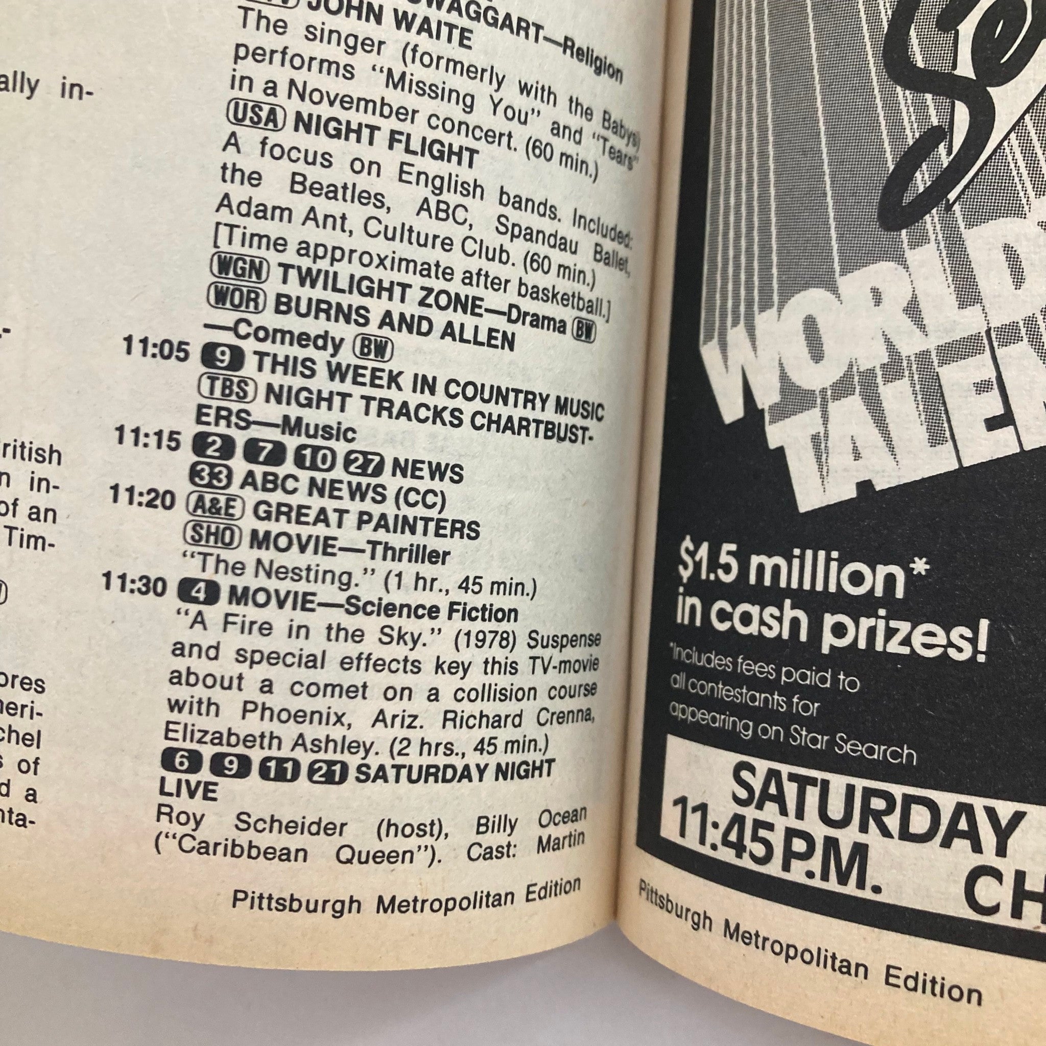 Inside page of TV Guide magazine from January 19, 1985, showcasing the Pittsburgh metropolitan edition schedule with listings including 'Night Flight' and 'Saturday Night Live'.