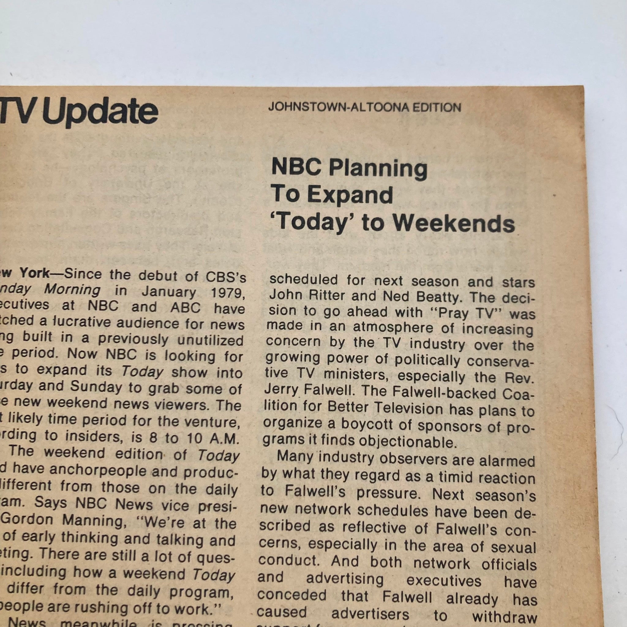 Image from TV Guide Magazine May 23, 1981 featuring an article titled 'NBC Planning to Expand Today to Weekends,' discussing NBC's strategy for its weekend programming and mentioning stars John Ritter and Ned Beatty.