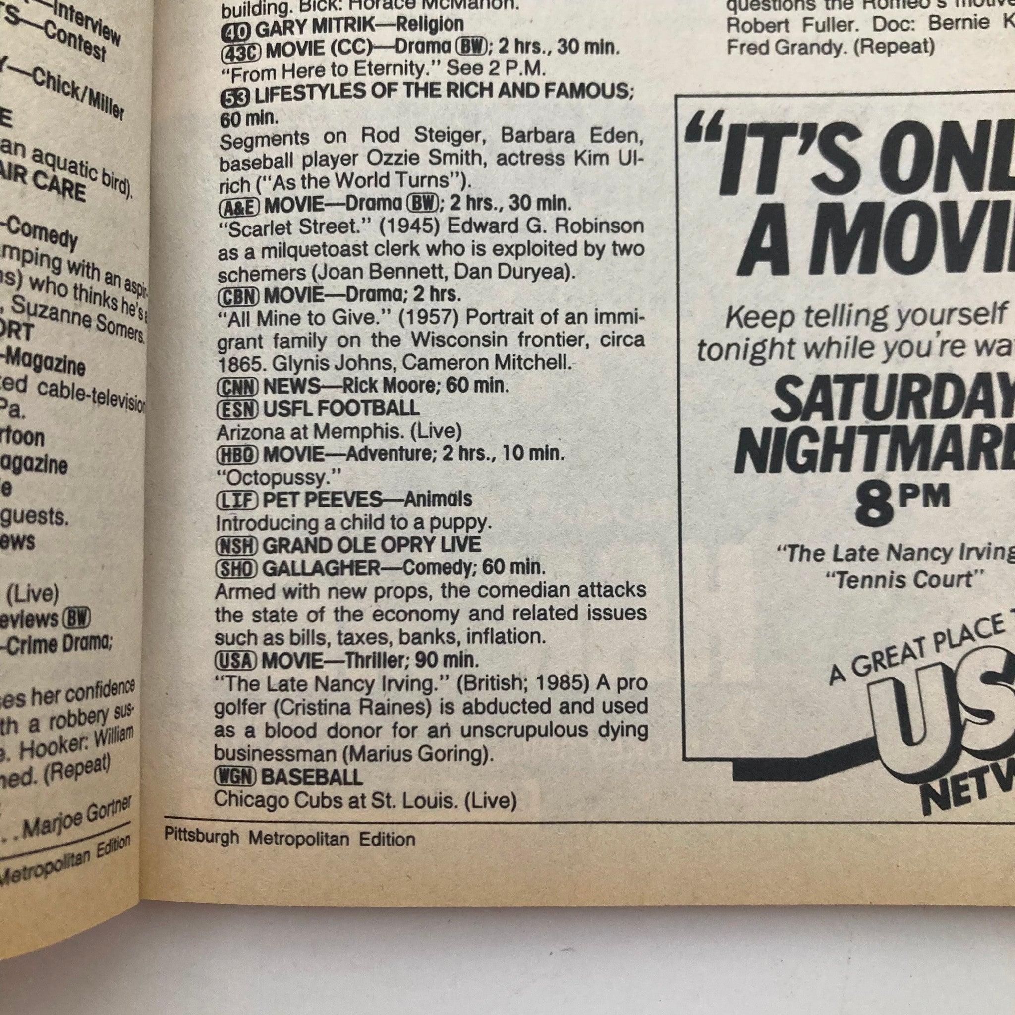 Inside page of TV Guide Magazine June 22, 1985 displaying program listings and details from the Pittsburgh Metropolitan Edition.