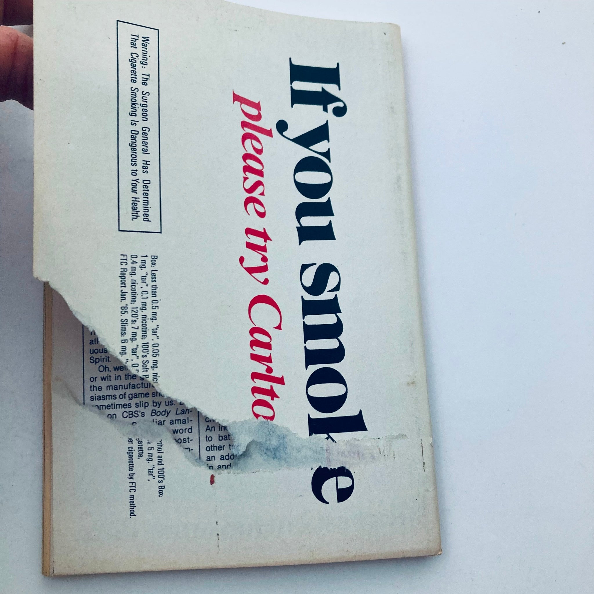 Back cover of TV Guide Magazine June 22 1985 featuring a vintage advertisement stating 'If you smoke please try Carlton' with a warning about cigarette smoking's health dangers.