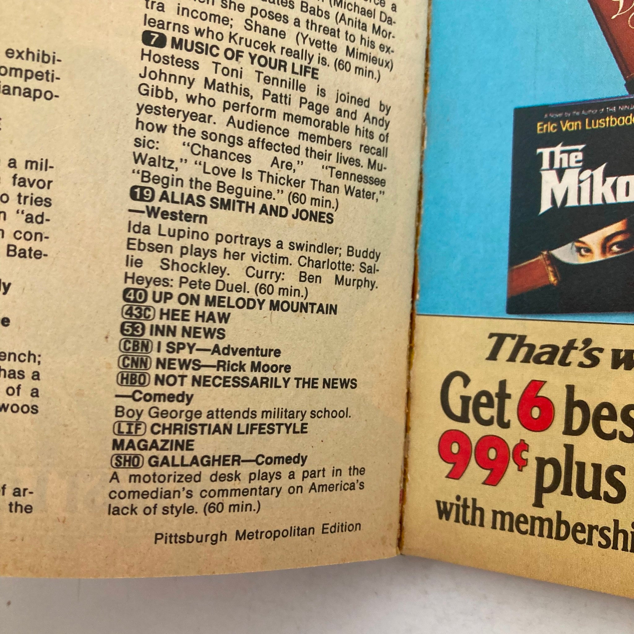 Interior page of TV Guide Magazine February 9, 1985 showcasing TV listings, including show details like 'Alias Smith and Jones' and various entertainment segments, specifically the Pittsburgh Metropolitan Edition.