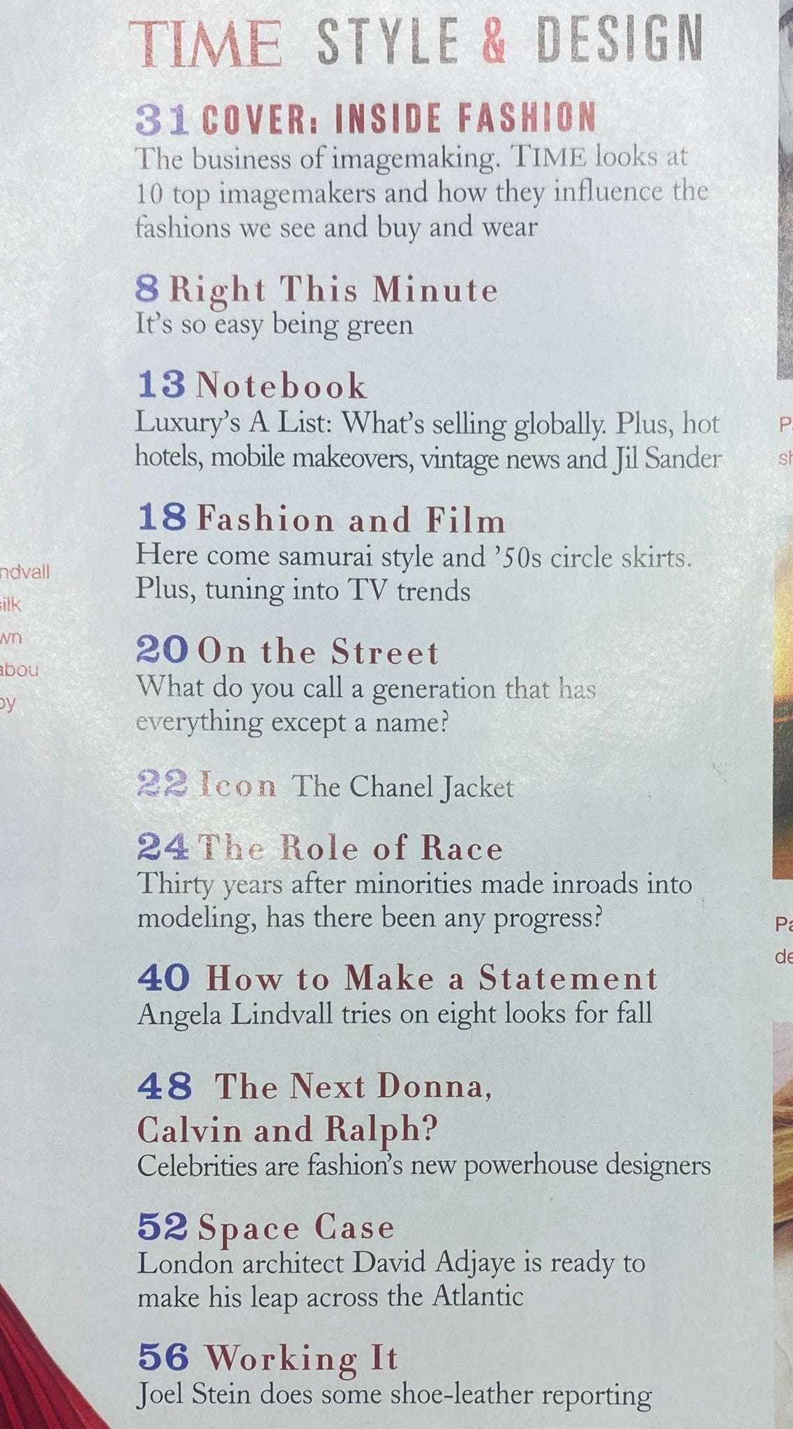 Time Magazine Fall 2003 Style & Design featuring a focus on fashion and design trends, showcasing the contents of the issue including articles on the influence of imagemakers and luxury trends.