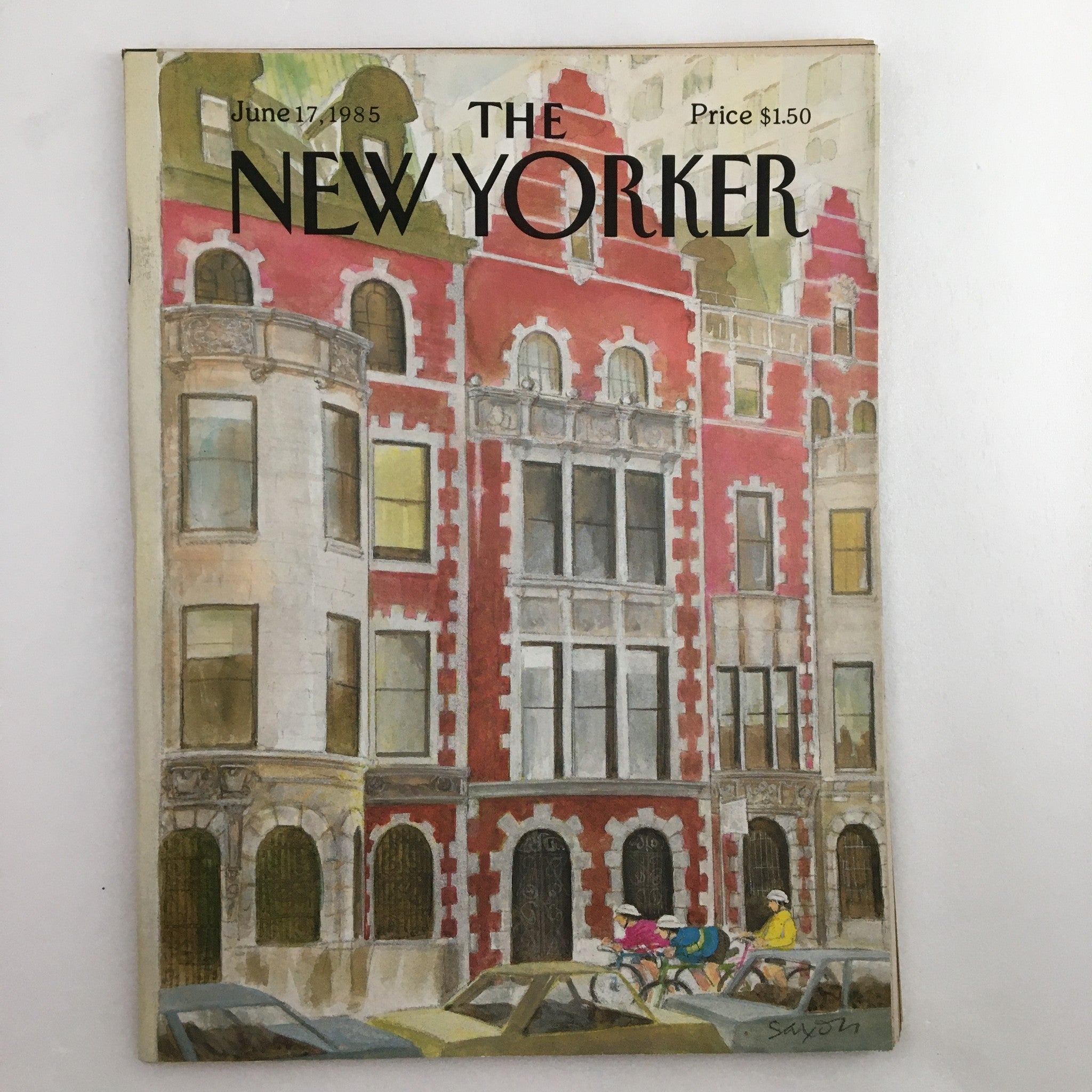 Cover of The New Yorker Full Magazine June 17 1985, featuring a vibrant red building illustrated by Charles Saxon, showcasing mid-1980s artistic style.