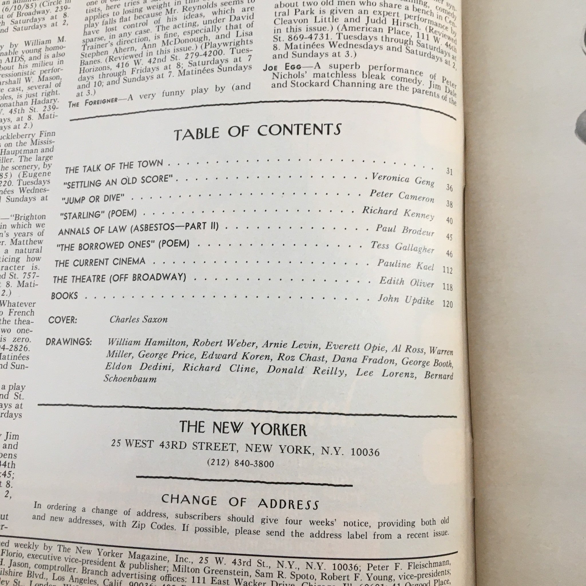 Table of contents page from The New Yorker Full Magazine June 17 1985, detailing featured articles and illustrations, including the cover by Charles Saxon.