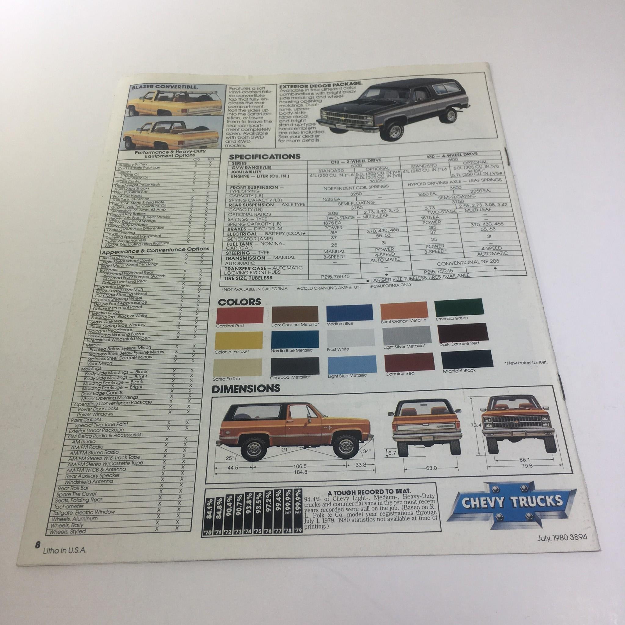 1981 Chevy Blazer 305 CU. IN. V-8 Engine Electronic Spark Control Car Brochure