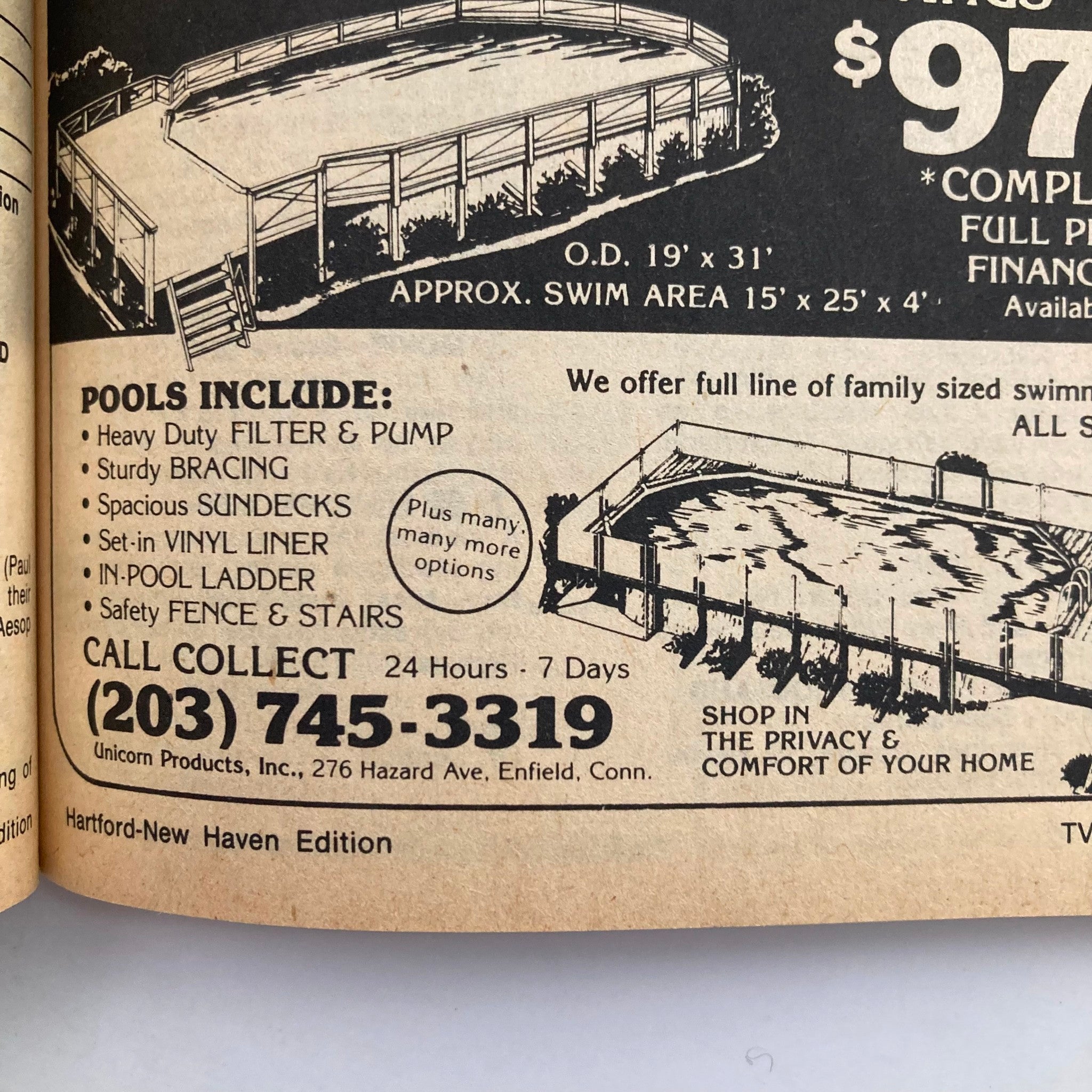 Inside page advertisement from TV Guide Magazine July 17, 1982 featuring a pool advertisement with details about pool specifications, filter pump features, and contact information for Unicorn Products, Inc. in Enfield, Connecticut.