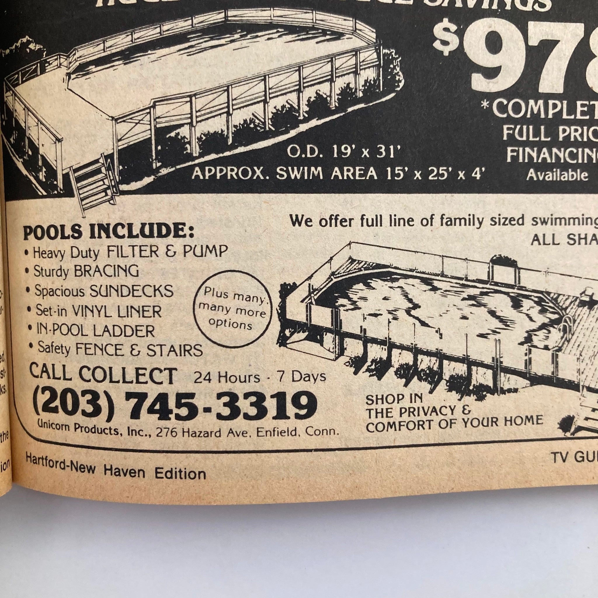Advertisement for swimming pools from the TV Guide Magazine June 19 1982 featuring Unicorn Products, detailing pool specifications and contact information. Includes images of pool designs and promotional text.