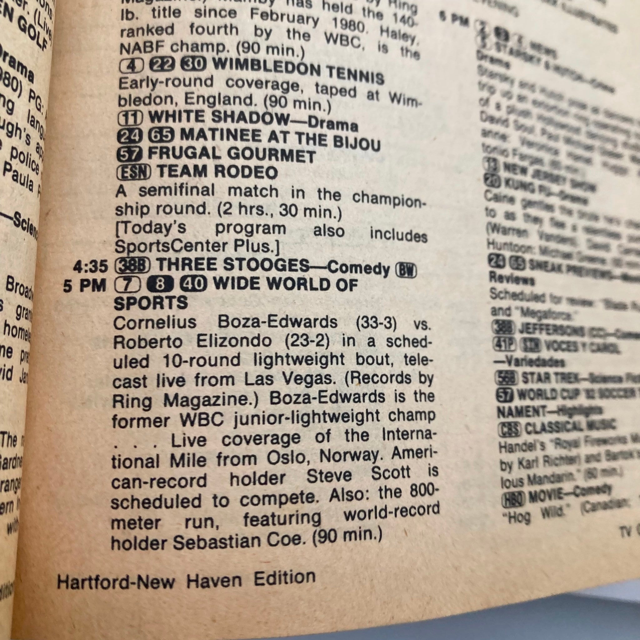 Interior page of TV Guide Magazine June 26, 1982, detailing broadcasting schedule for Hartford-New Haven area.