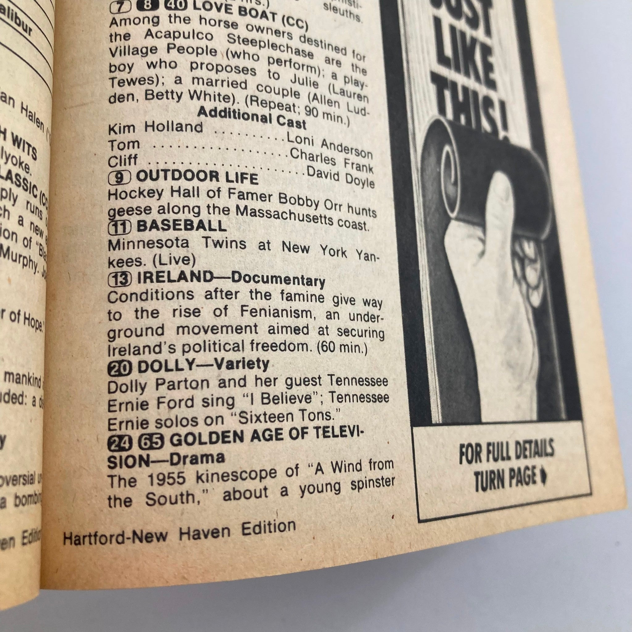 Inside page of TV Guide Magazine May 22, 1982 displaying listing information for various programs, including 'Dolly - Variety' and 'Golden Age of Television,' highlighting TV programming from that era.