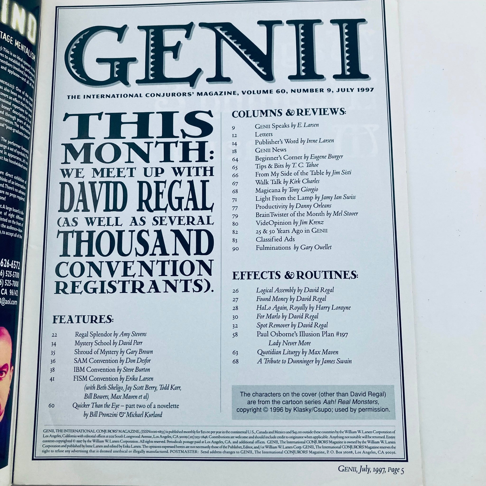 VTG Genii The Conjurors' Magazine July 1997 David Regal No Label