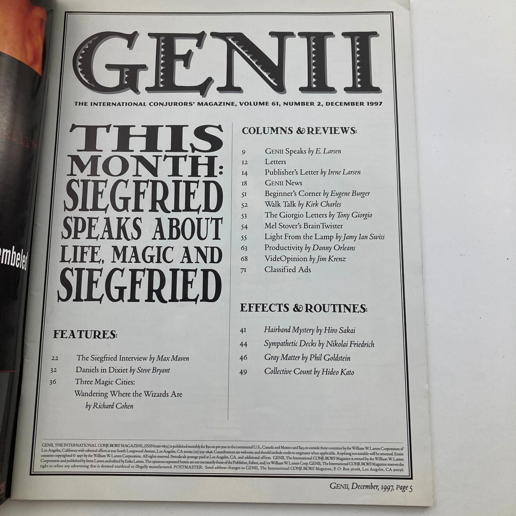 VTG Genii The Conjurors' Magazine December 1997 Vol 61 No. 2 Siegfried No Label