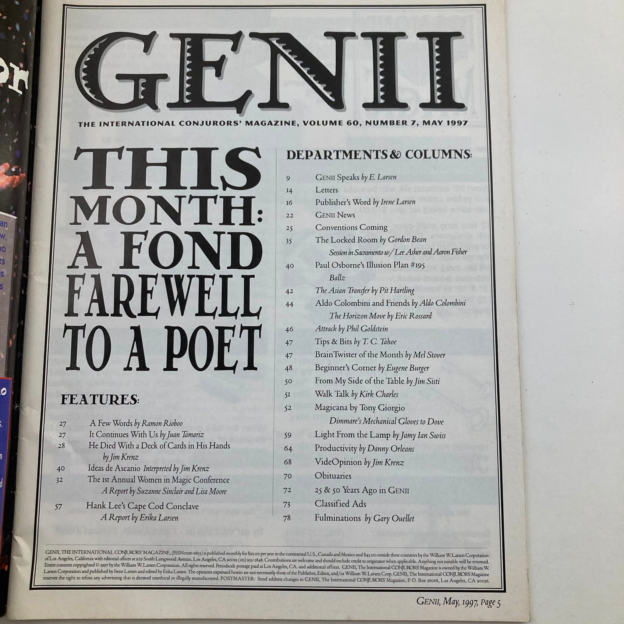 VTG Genii The Conjurors' Magazine May 1997 A Fond Farewell to a Poet No Label