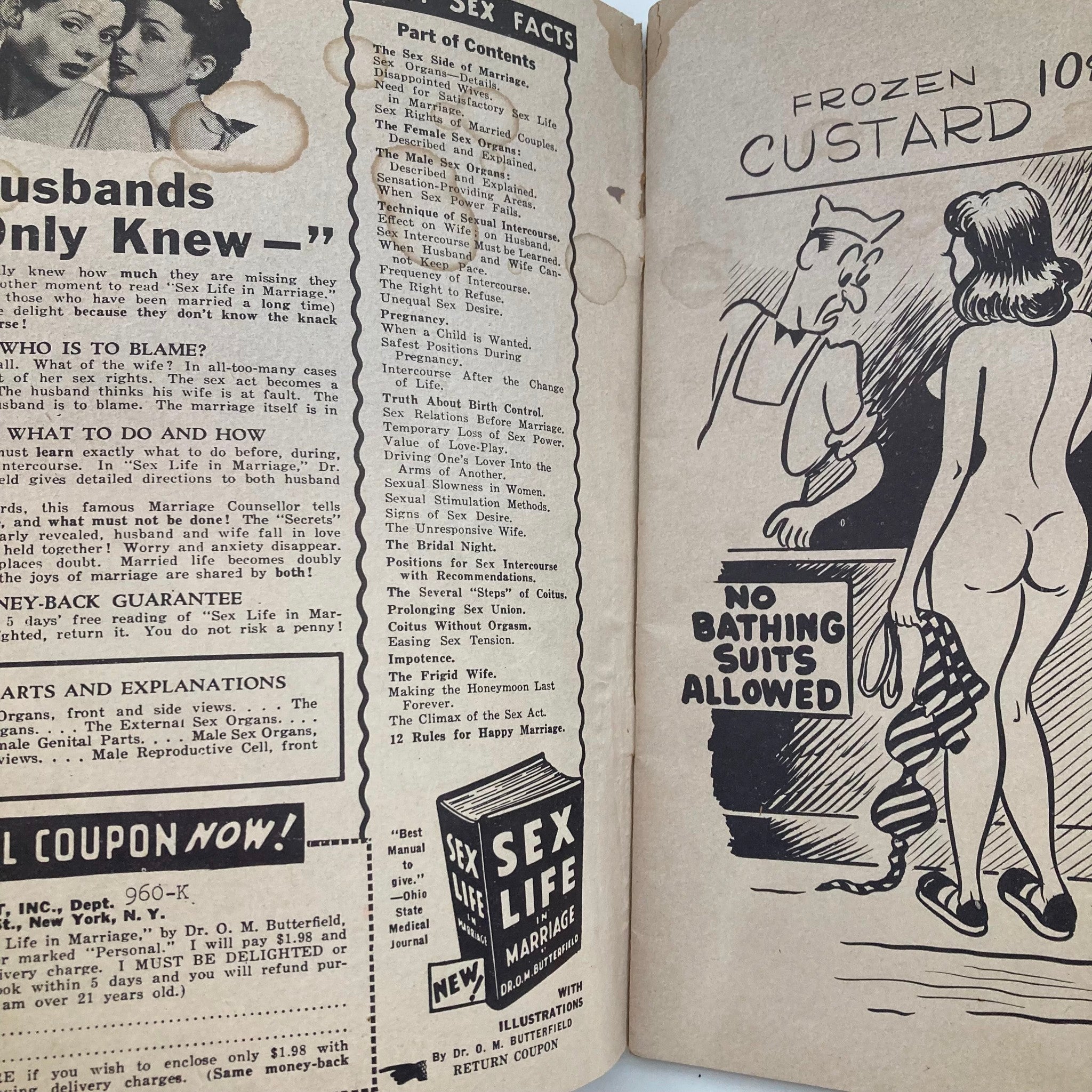 Inside page of VTG Dazzle Adult Magazine 1957 revealing content with vintage artwork and advertisements related to adult themes.