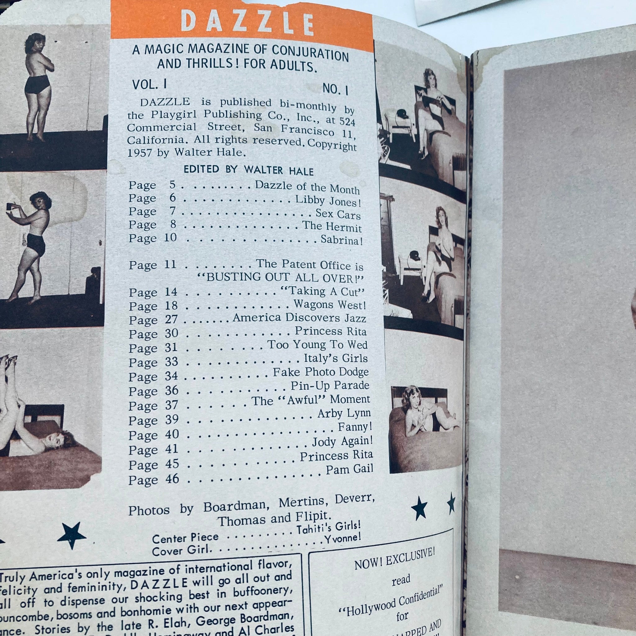 Interior page of the VTG Dazzle Adult Magazine from 1957, featuring the table of contents with a title, sketches, and articles including 'Dazzle of the Month' and 'The Awful Moment.' This magazine showcases mid-20th century adult entertainment.