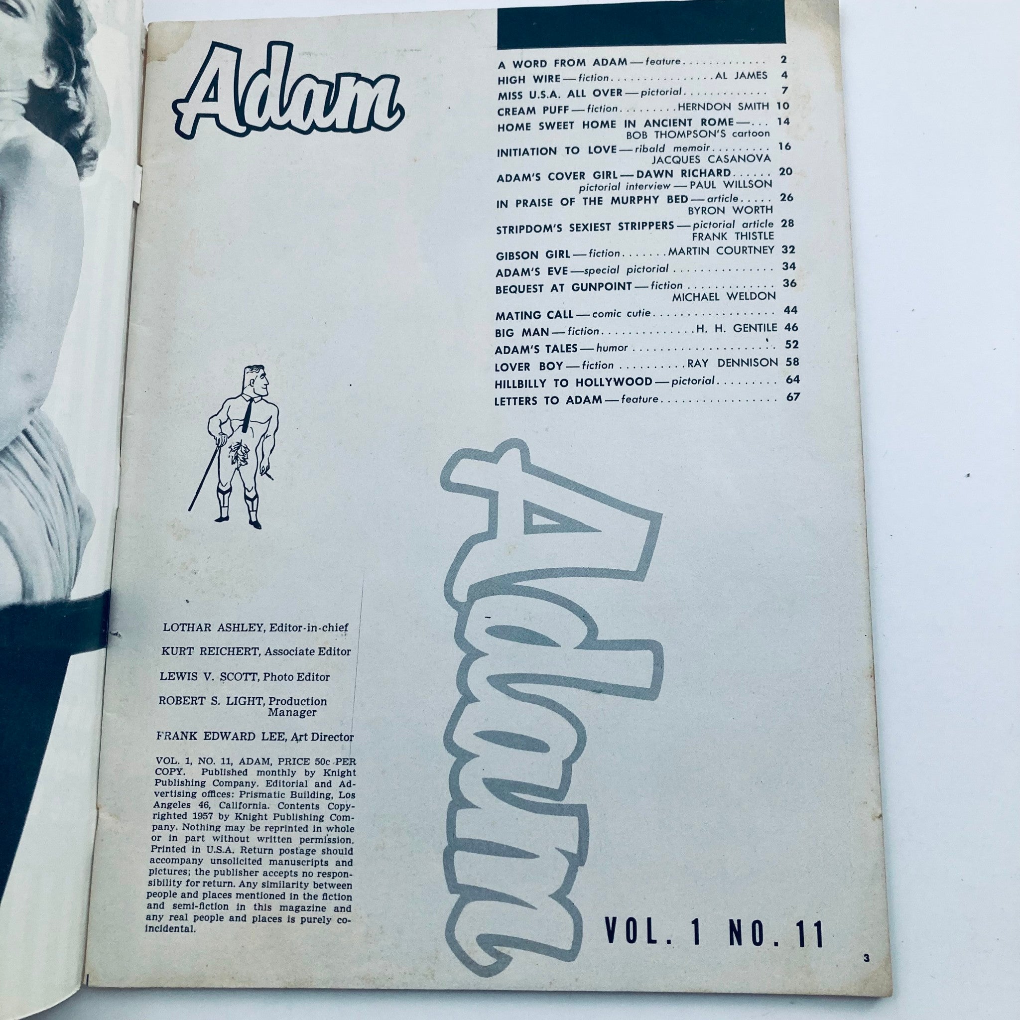 VTG Adam Magazine November 1957 Vol 1 No. 11 Dawn Richard Cover Girl No Label