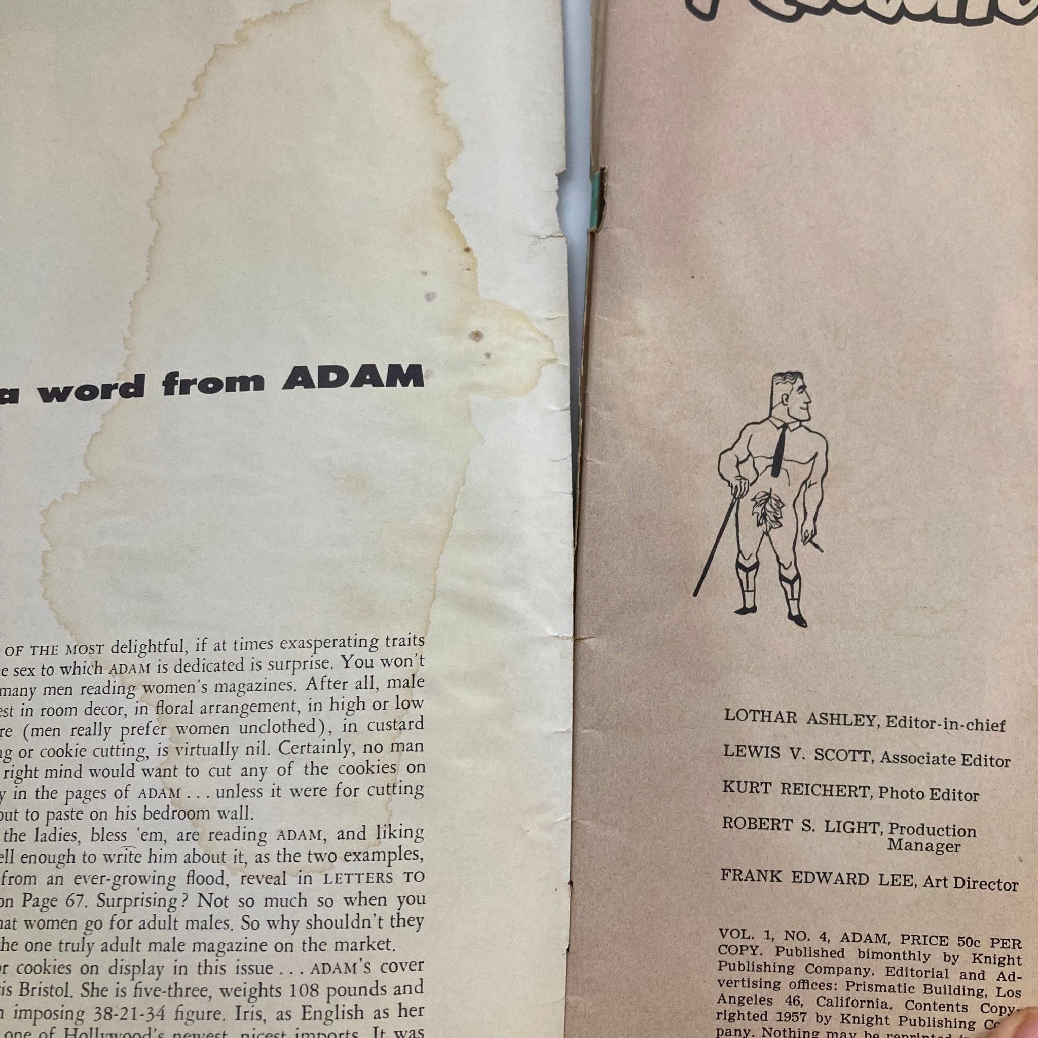 Inside page of VTG Adam Magazine February 1957 Vol 1 No. 4 showcasing a message from the editor and an illustration.