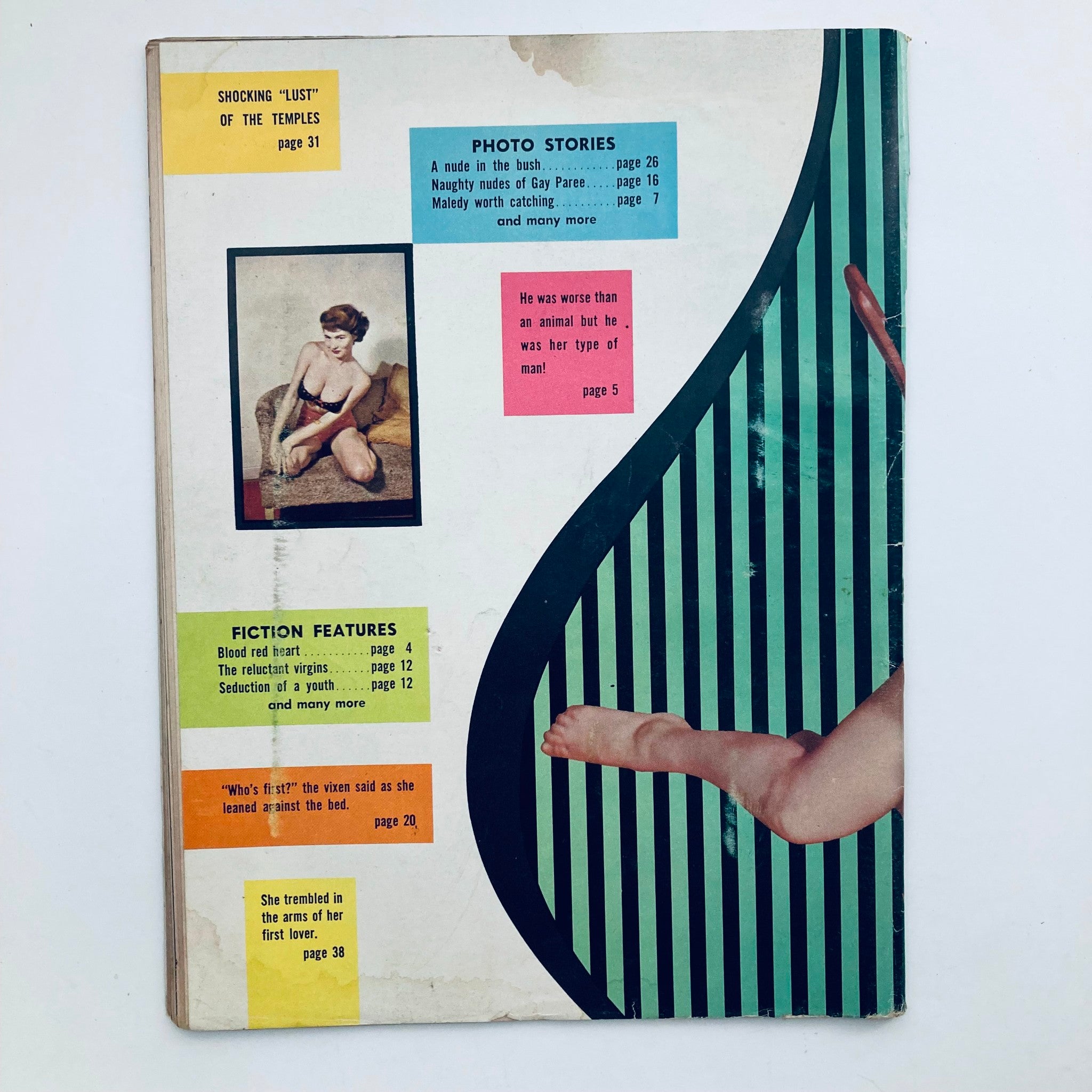 Back cover of VTG Adam Magazine February 1957 Vol 1 No. 4 highlighting featured stories with colorful sections and an engaging design.