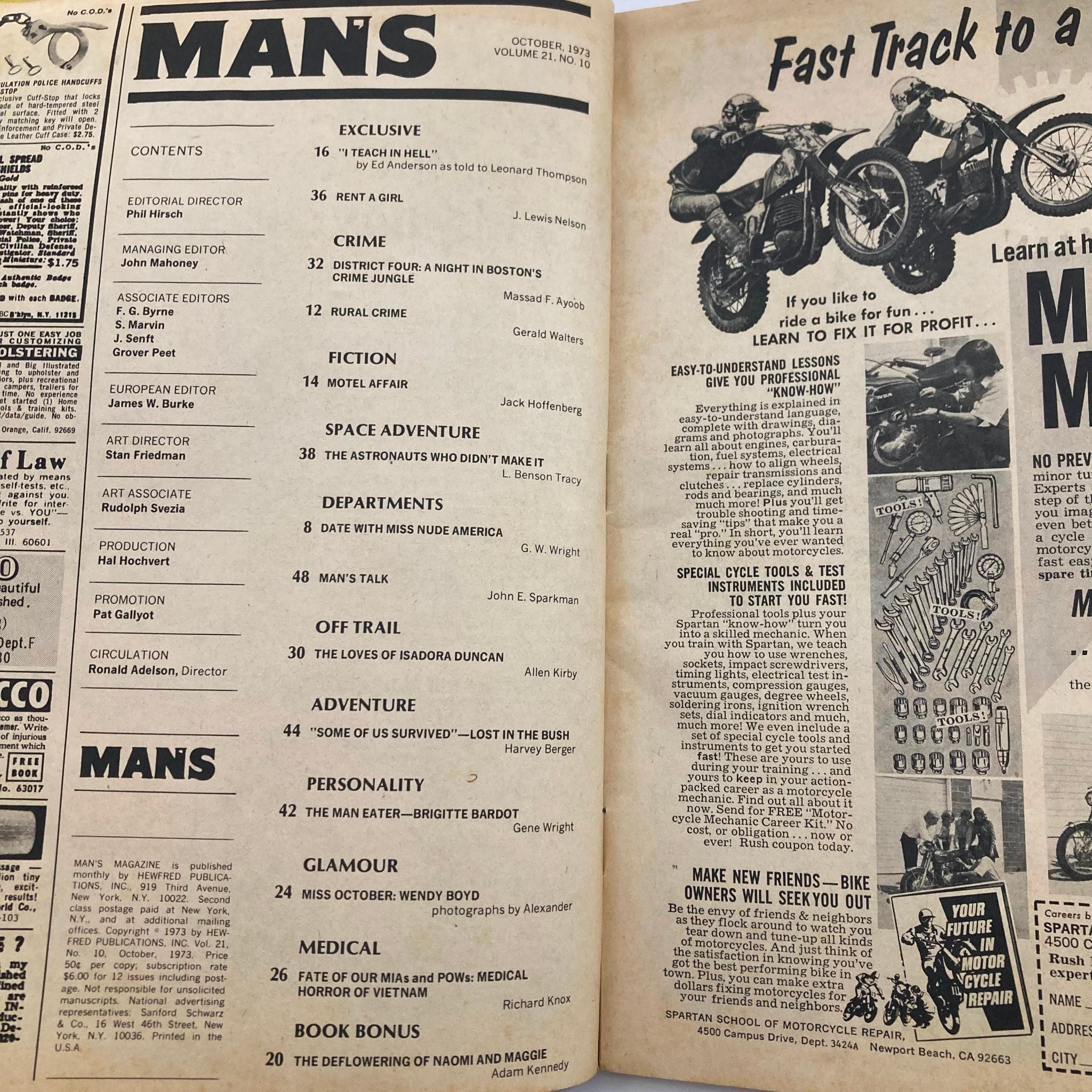 Inside of VTG Man's Magazine October 1973 Vol 21 No. 10 displaying the table of contents and various articles focused on men's lifestyle and culture.