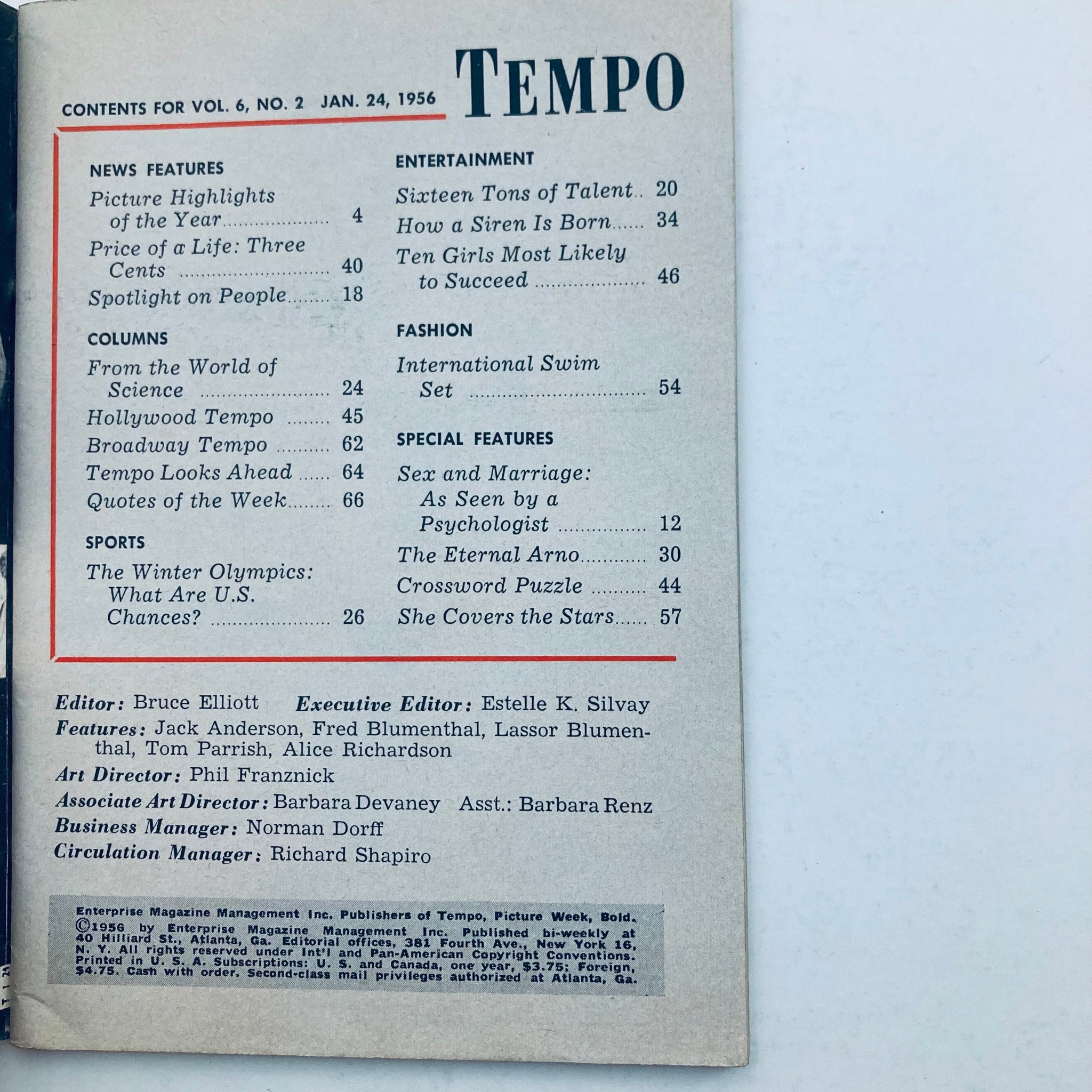 VTG Tempo Magazine January 24 1956 Vol 6 No. 2 Jeanne Crain No Label