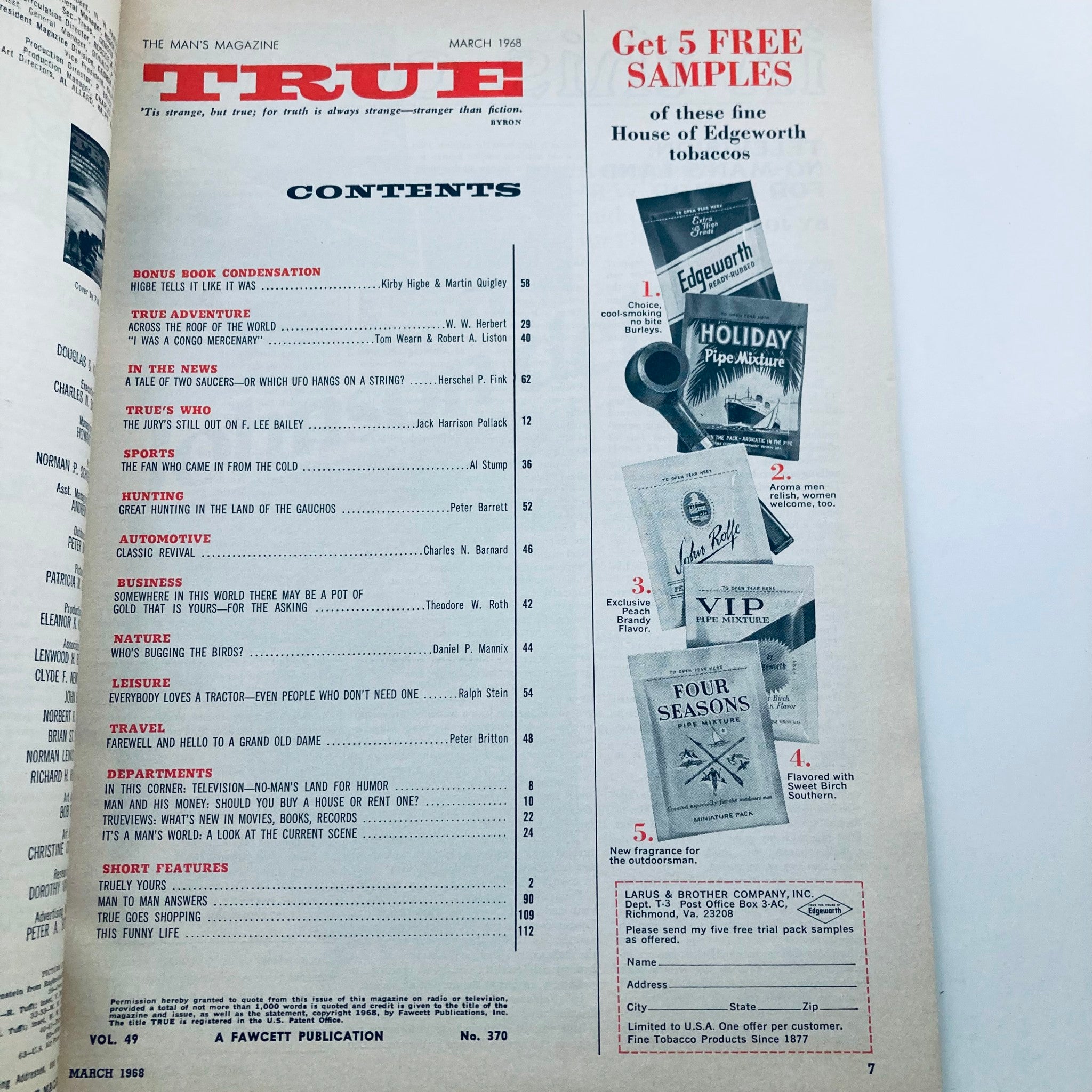 VTG True Magazine March 1968 Vol 49 No. 370 Across The Roof of the World