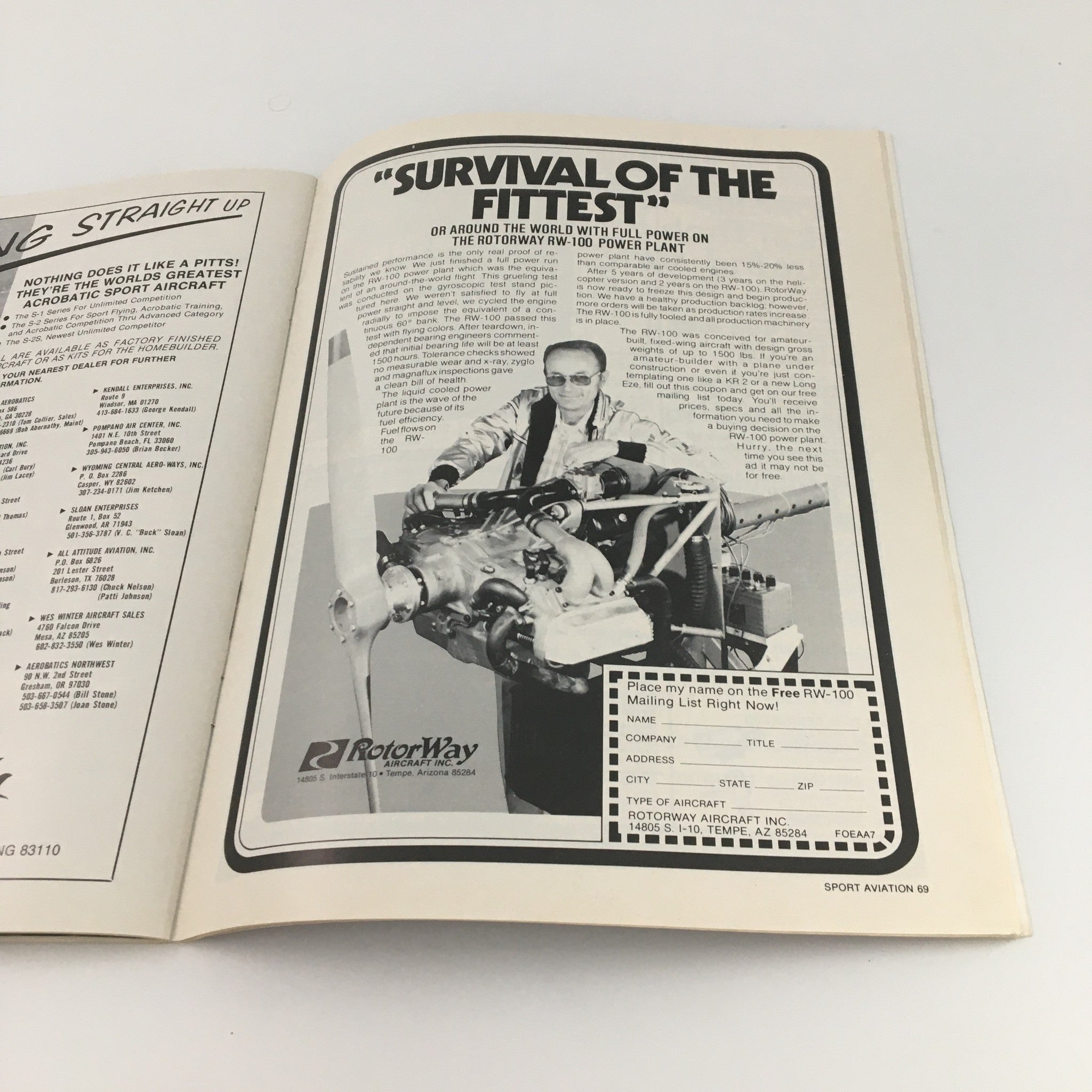 Advertorial page from Sport Aviation Magazine July 1980 titled 'Survival of the Fittest' showcasing the Rotorway RW-100 Power Plant.