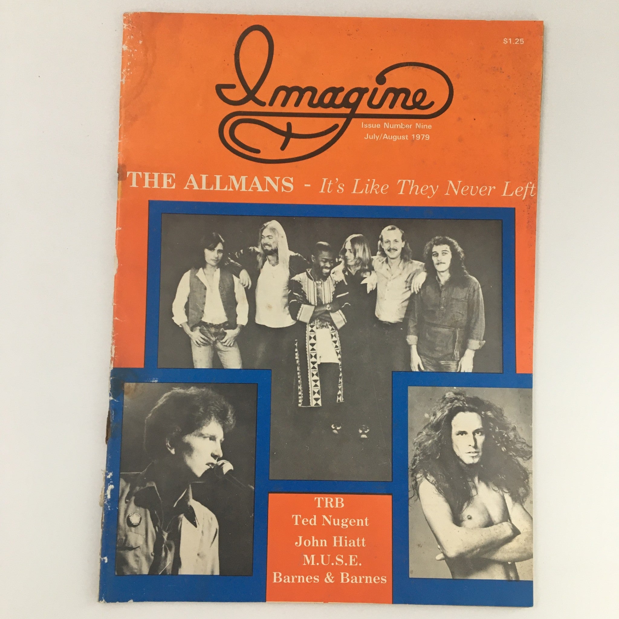 VTG Imagine Magazine July-August 1979 #9 featuring the Allman Brothers on the cover, showcasing a vintage rock and roll theme with multiple artists.