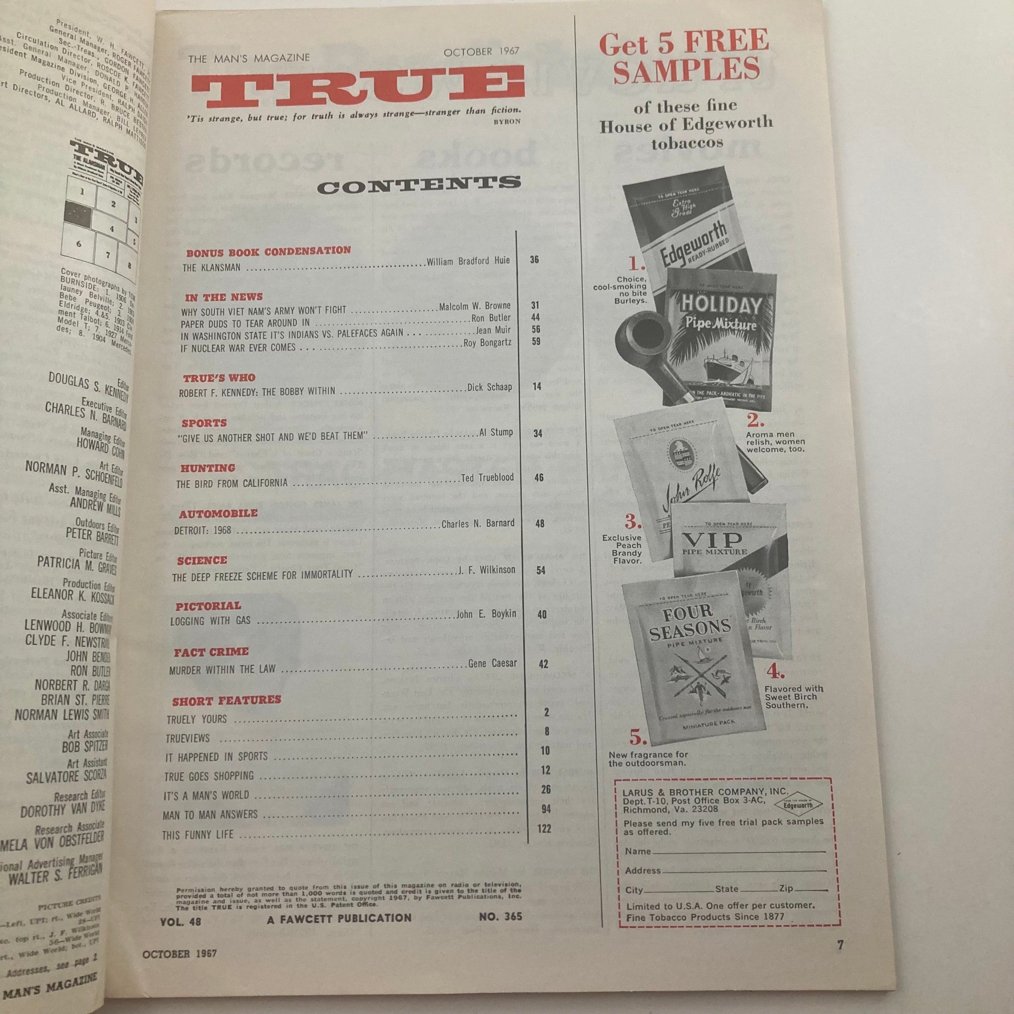 VTG True Magazine October 1967 Vol 48 No. 365 The Klansman No Label