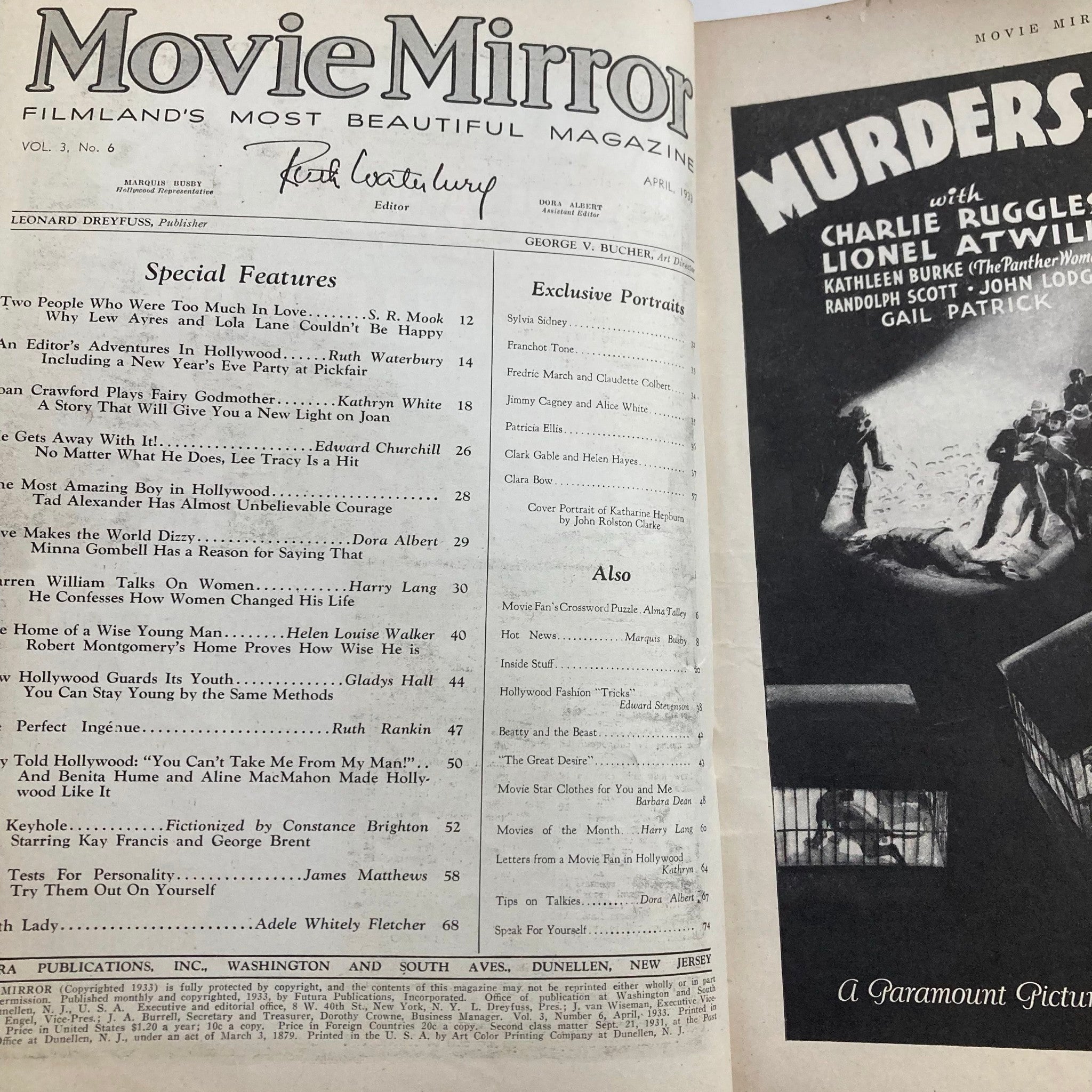 VTG Movie Mirror Magazine April 1933 Vol 3 No. 6 Katharine Hepburn No Label