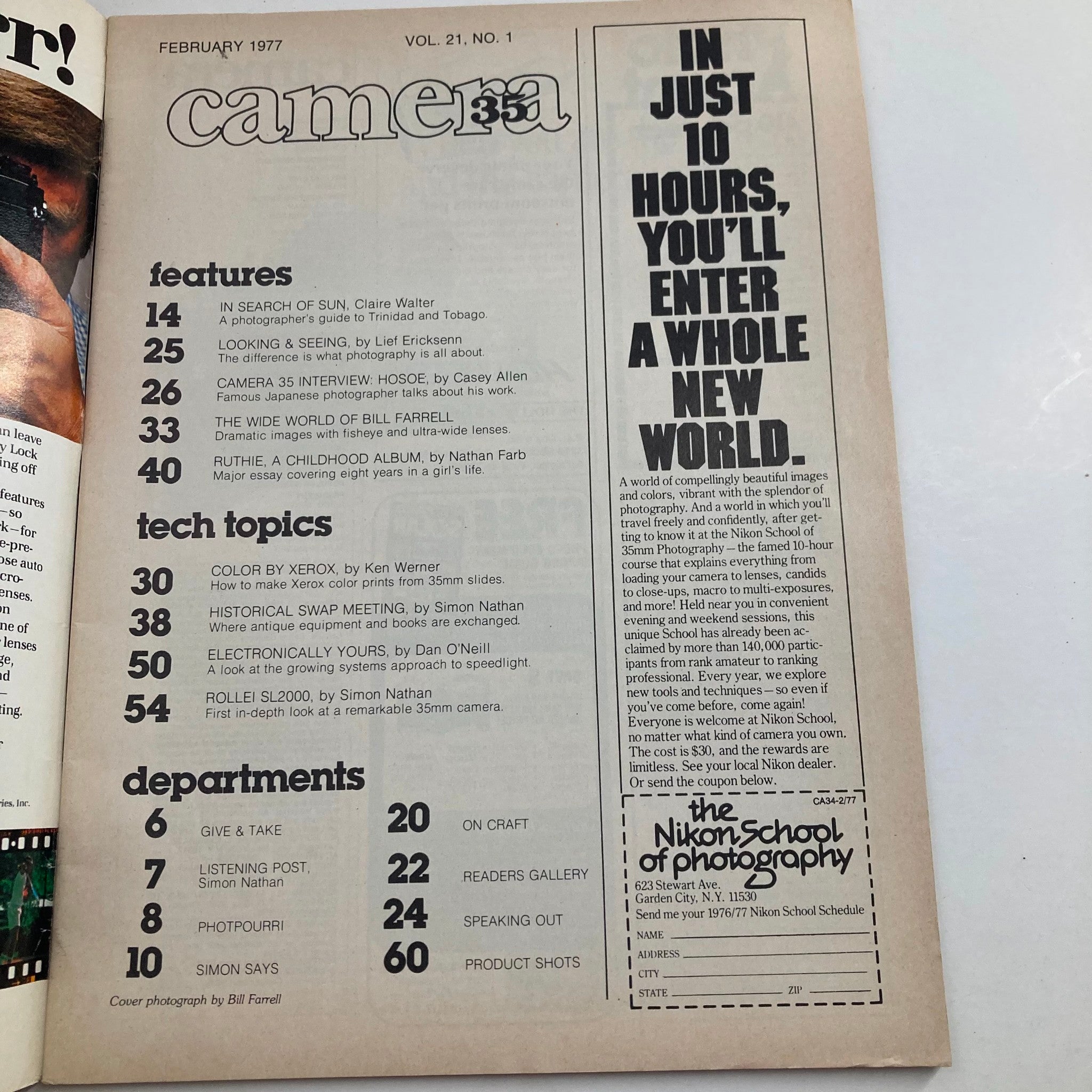Interior page of VTG Camera 35 Magazine from February 1977, detailing features and technical topics, including coverage on 'Ruthie, A Childhood Album'.