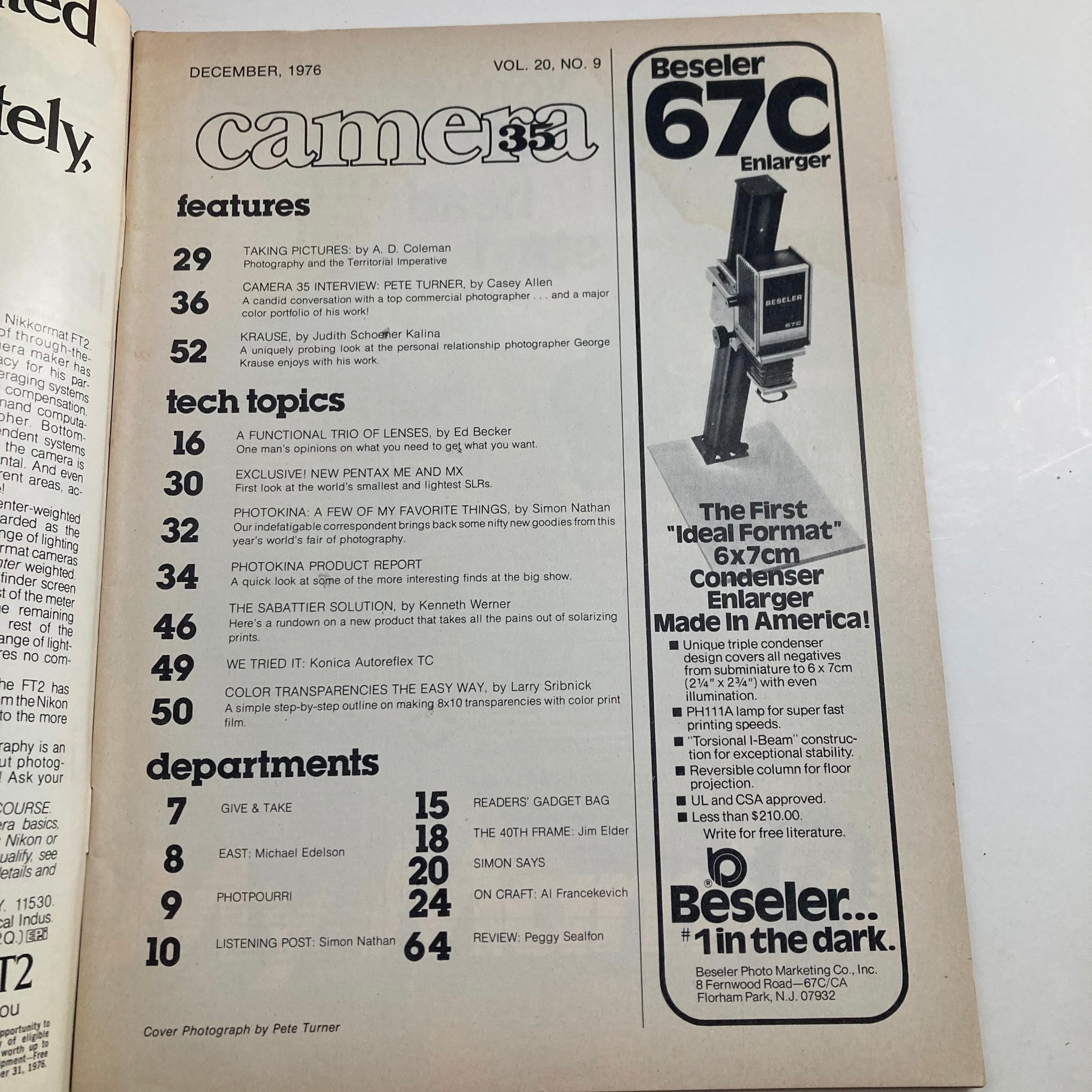Interior page of Vintage Camera 35 Magazine December 1976, Volume 20, Number 9, showcasing the table of contents including features and articles related to photography and the interview with Pete Turner.