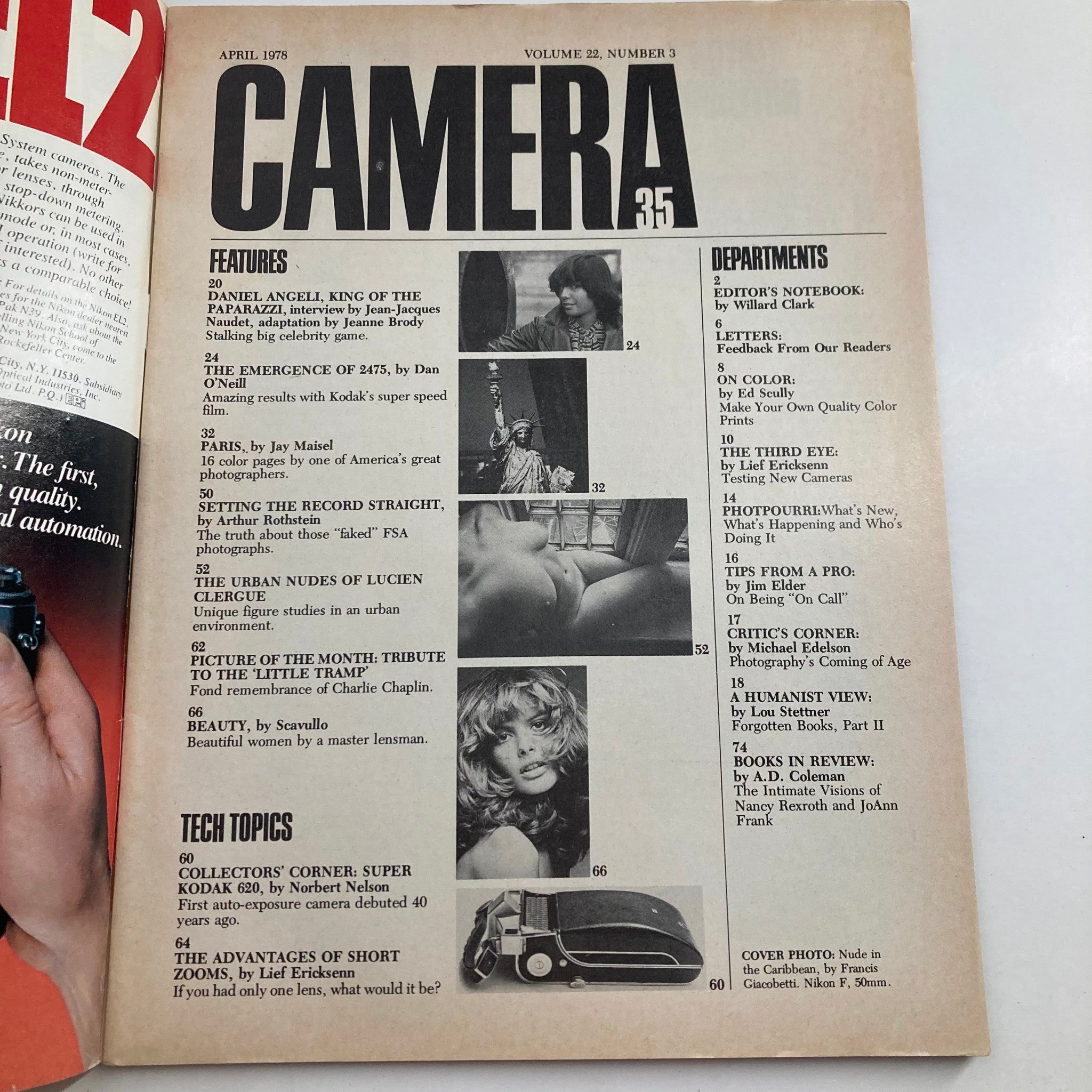 Interior page of Camera 35 Magazine April 1978, Volume 22, Number 3, showcasing features and articles about photography, including a focus on short zoom lenses.