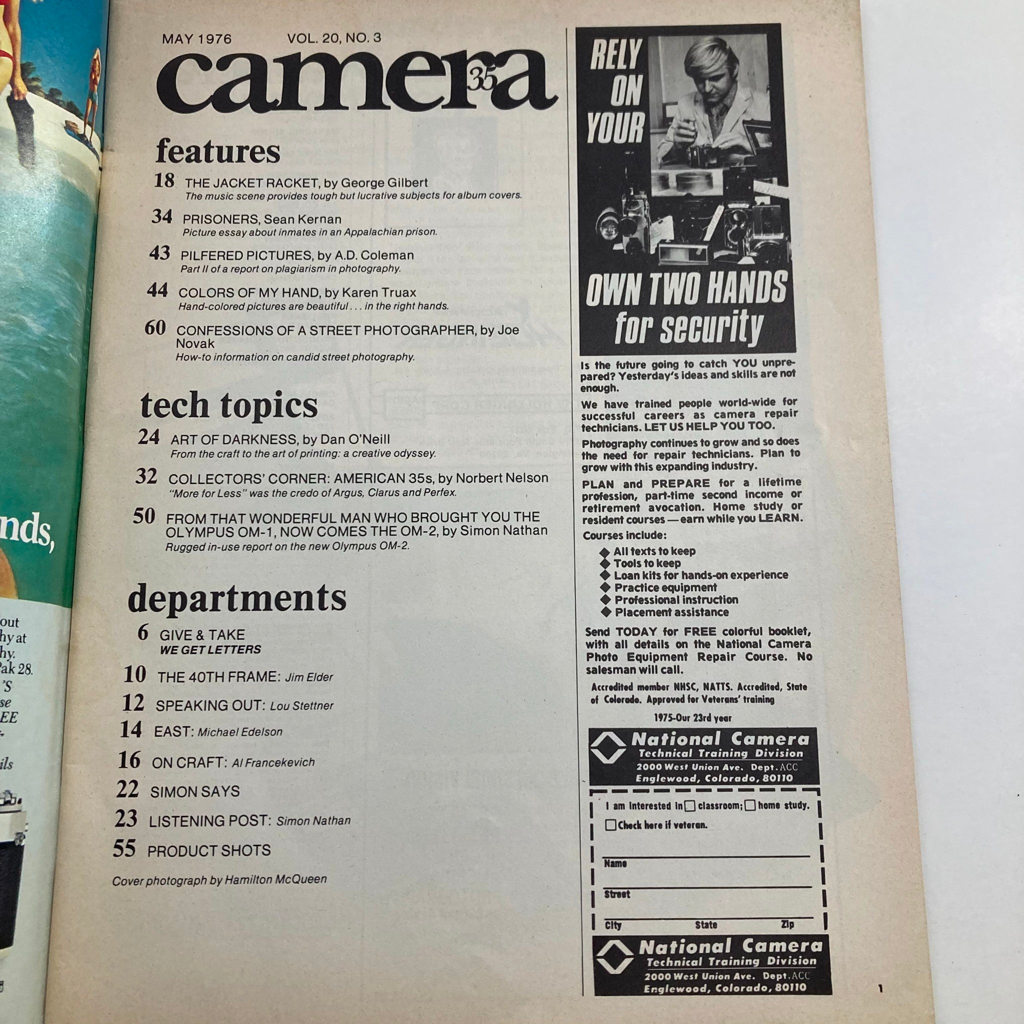 Inside page of VTG Camera 35 Magazine May 1976 Volume 20 No. 3 highlighting magazine features, tech topics, and departments related to photography.