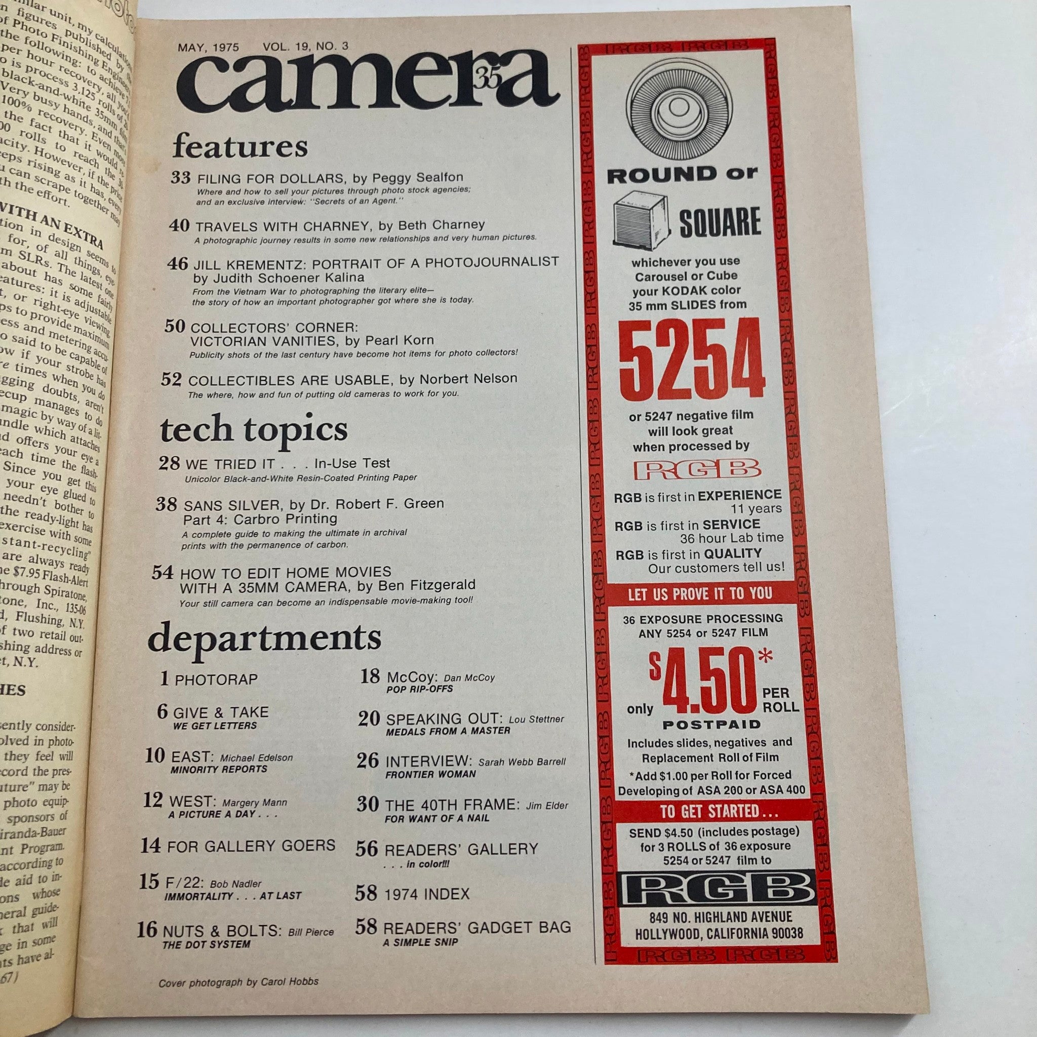 Interior page of the Vintage Camera 35 Magazine May 1975 showcasing the table of contents with feature articles and topics, highlighting photography insights and resources.