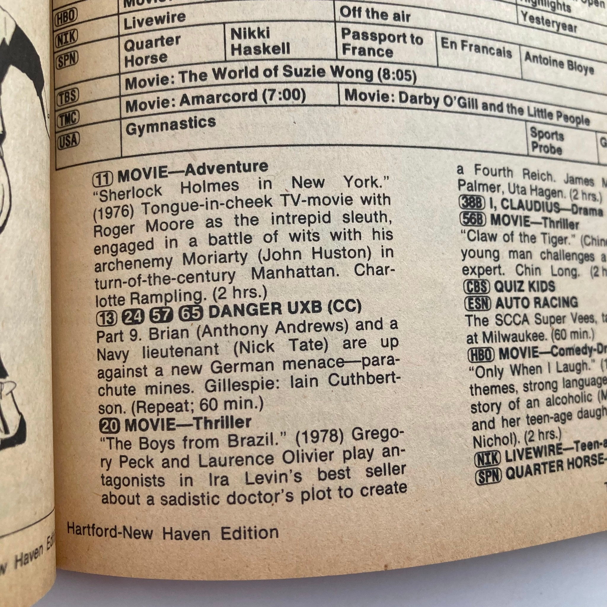 Inside page from the TV Guide Magazine July 10, 1982. This page features TV listings, including movies like 'Sherlock Holmes in New York' and 'The Boys from Brazil,' as well as a detailed program schedule for the Hartford-New Haven Edition.