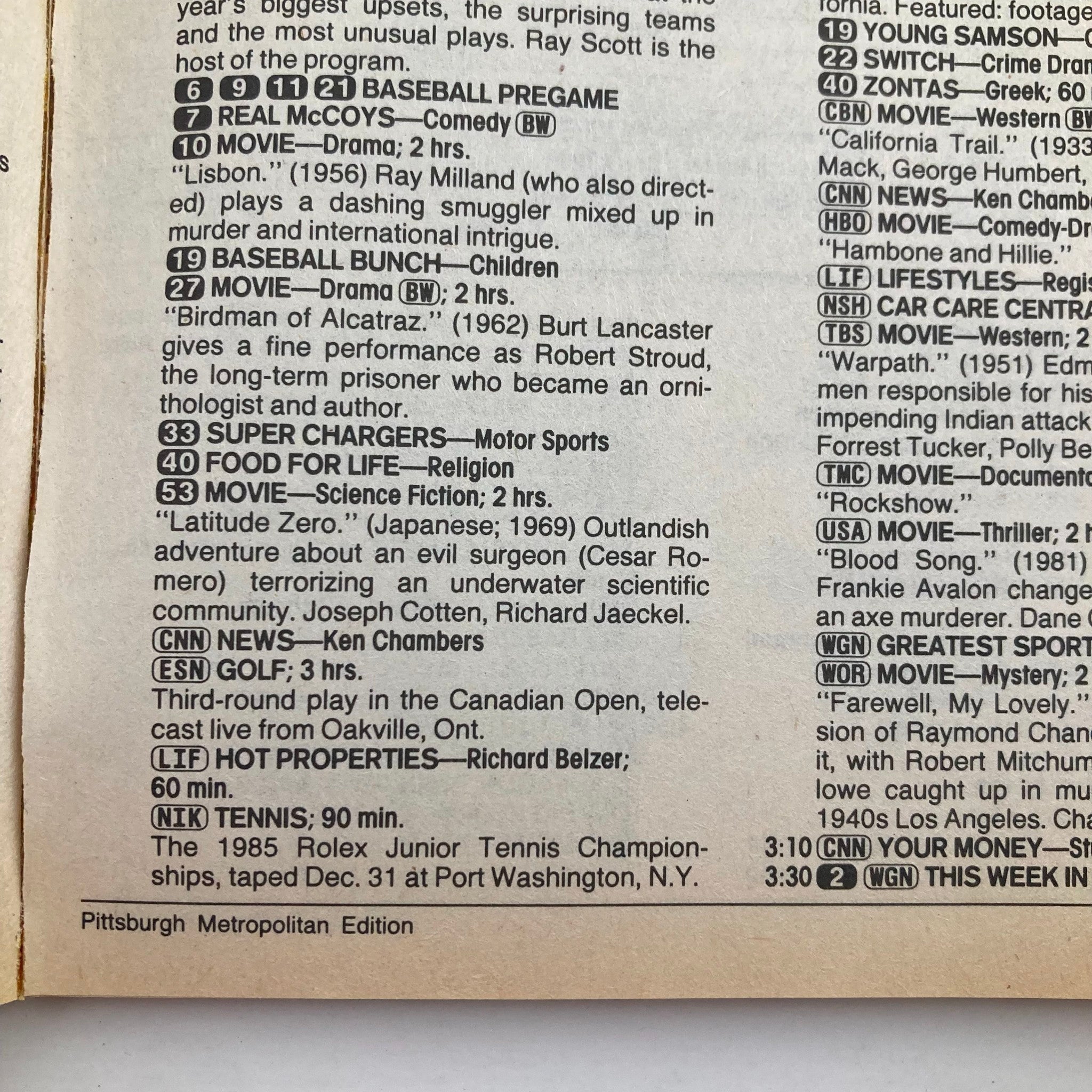 Inside page of TV Guide Magazine July 6 1985 displaying television program listings, including highlights like Baseball Pregame, Movies, and CNN News broadcasts.