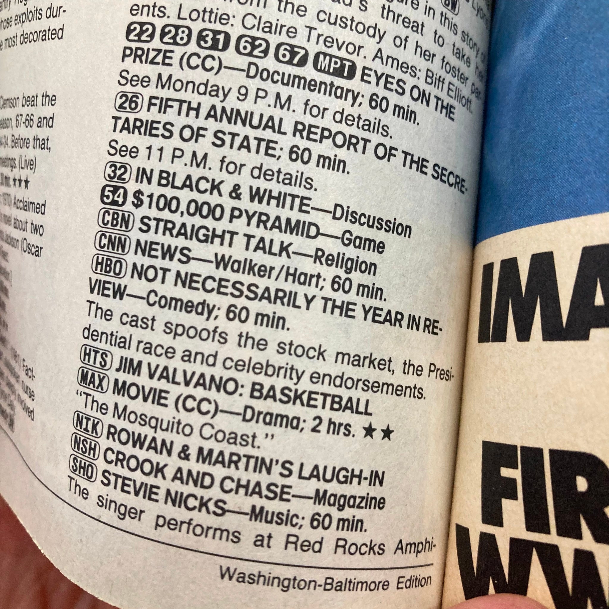 TV Guide Magazine January 23 1988 featuring program listings, highlighting discussions, games, and performances including $100,000 Pyramid, Jim Valvano's Basketball, and music by Stevie Nicks. Washington-Baltimore Edition.
