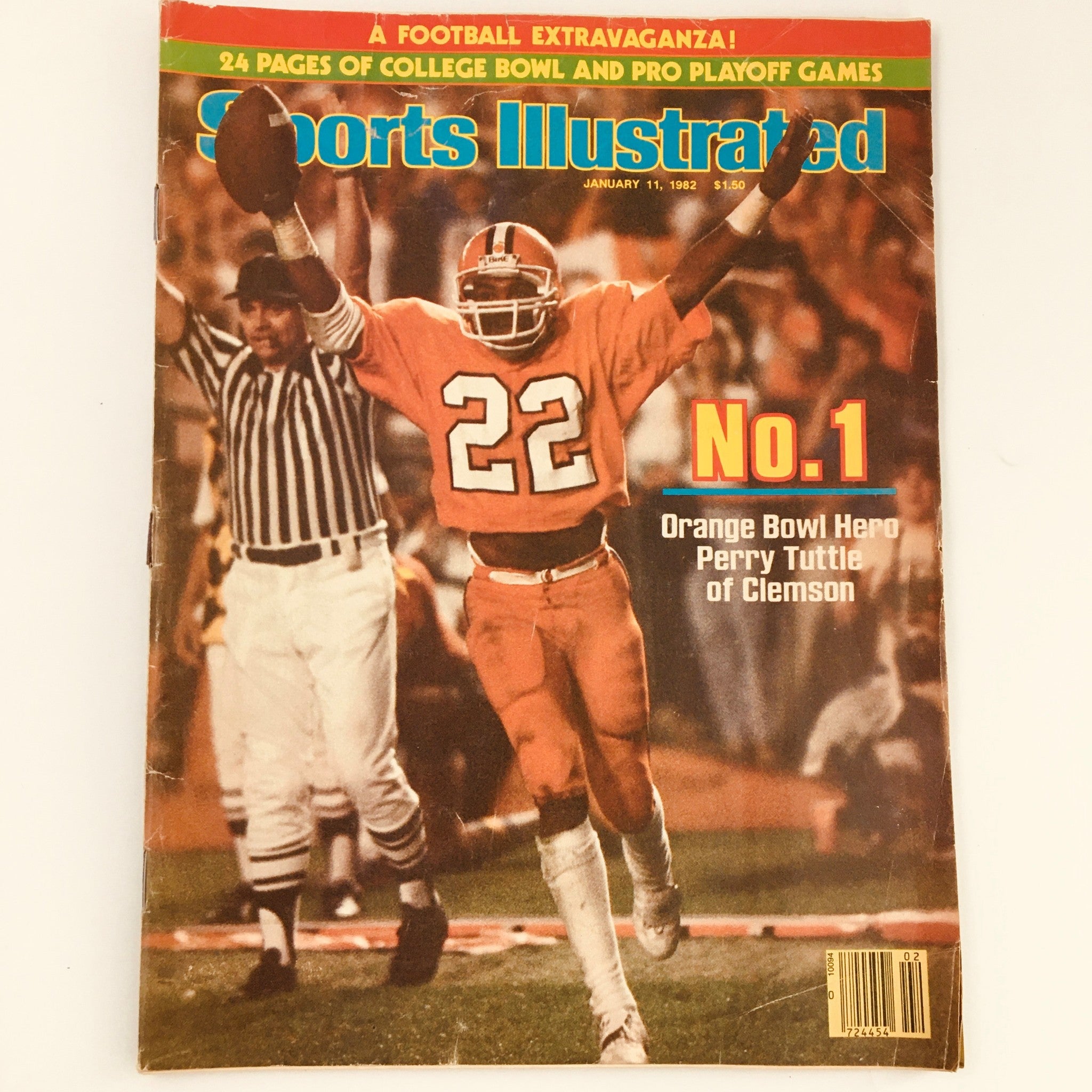 Cover of Sports Illustrated Magazine January 11, 1982 featuring Perry Tuttle of Clemson, showcasing him celebrating an Orange Bowl victory with the caption 'No. 1' highlighting his achievements in college football.