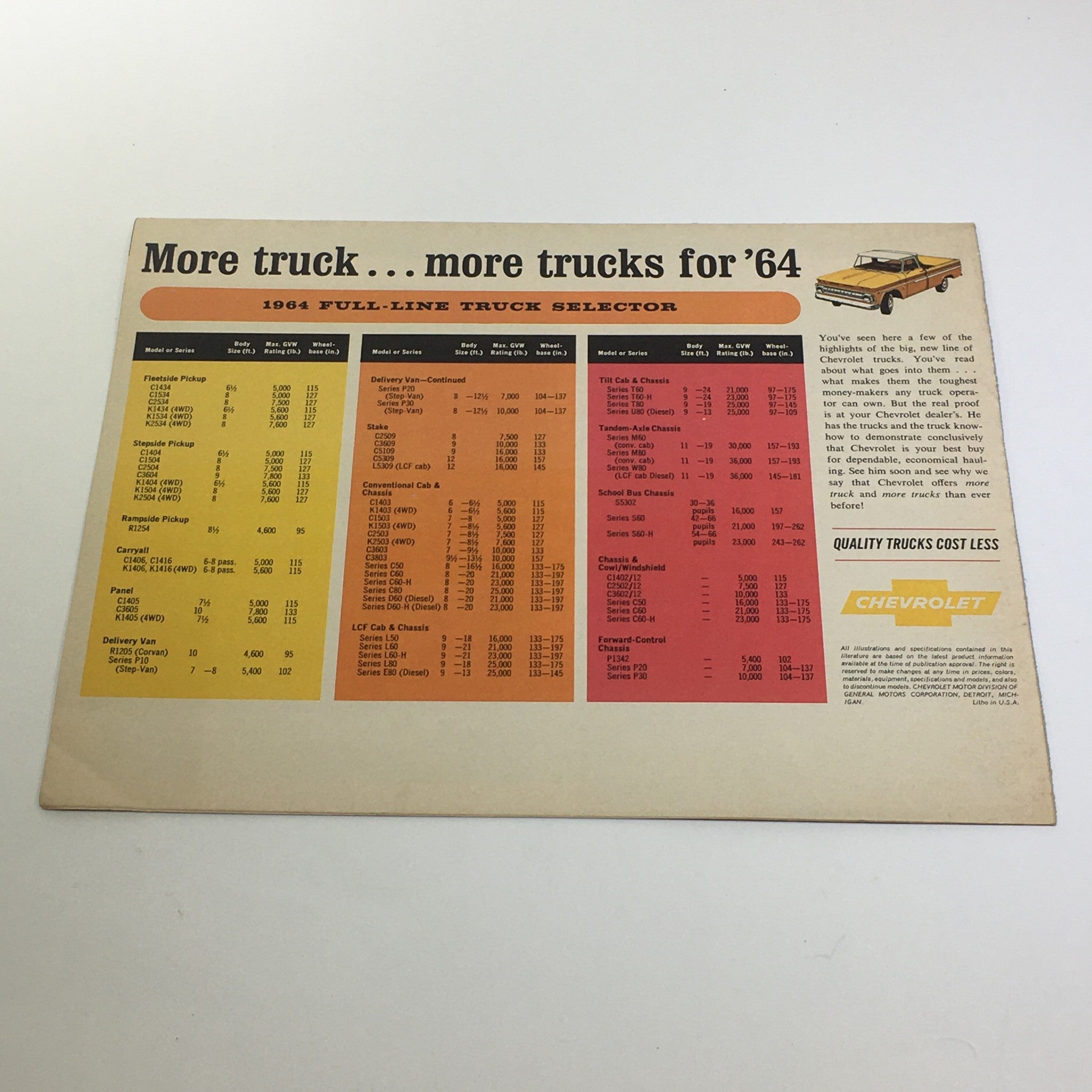 1964 Chevrolet Trucks Fleetside Pickup Delivery Van Tilt Cab & Chassis Catalog