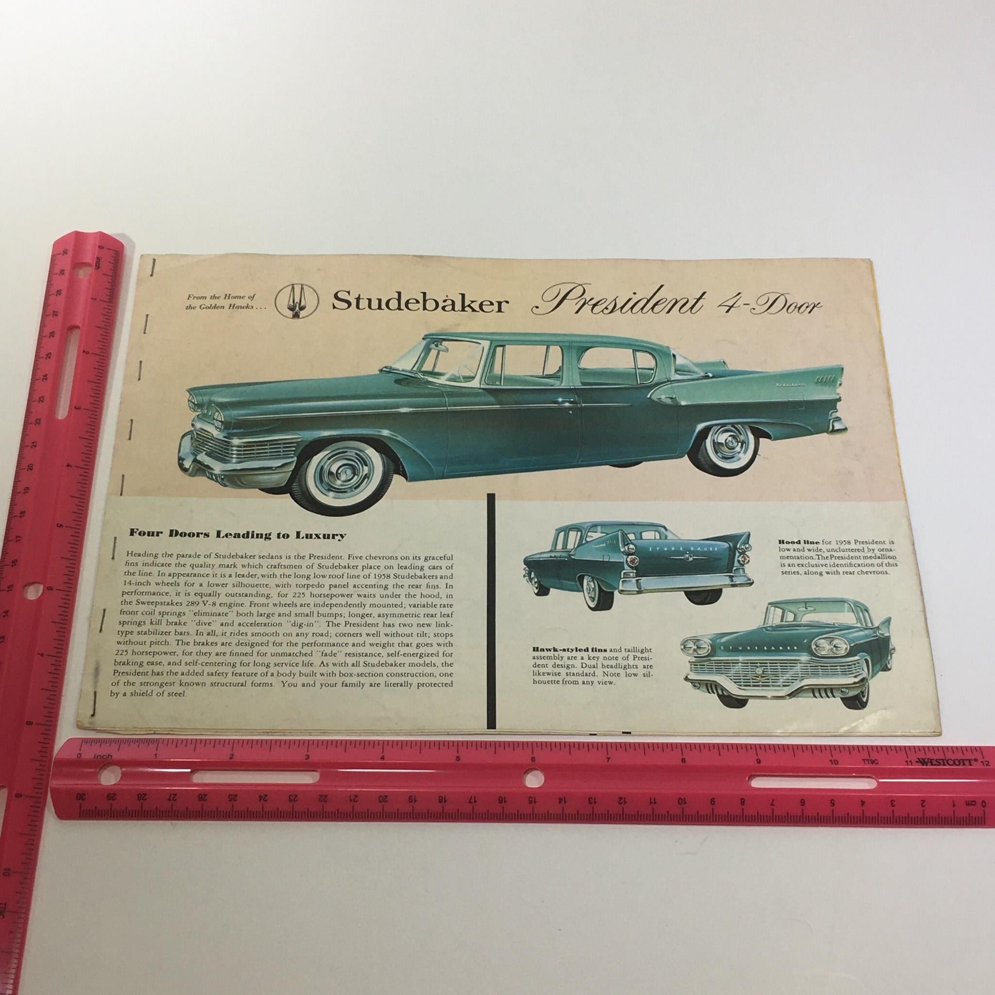 1958 Studebaker President Wide 4-Door 180-HP Studebaker V-8 Car Catalog Brochure