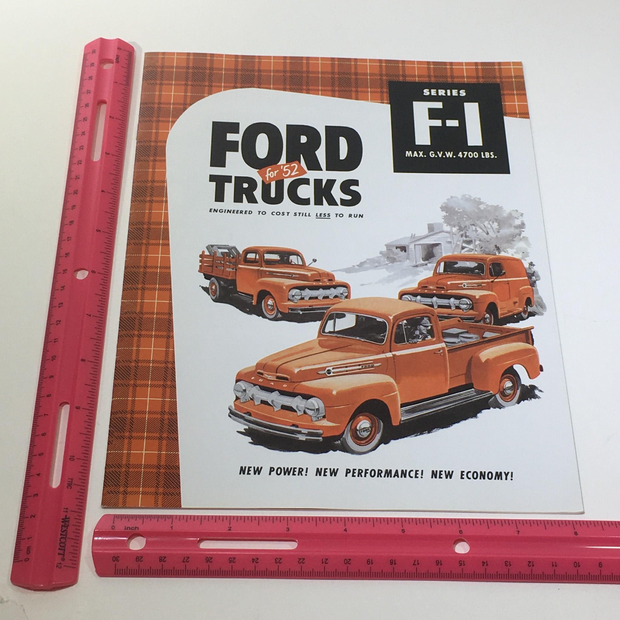 1952 Ford Trucks Series F-1 Max G.V.W. 4700 LBS V-8 Engine Car Catalog Brochure