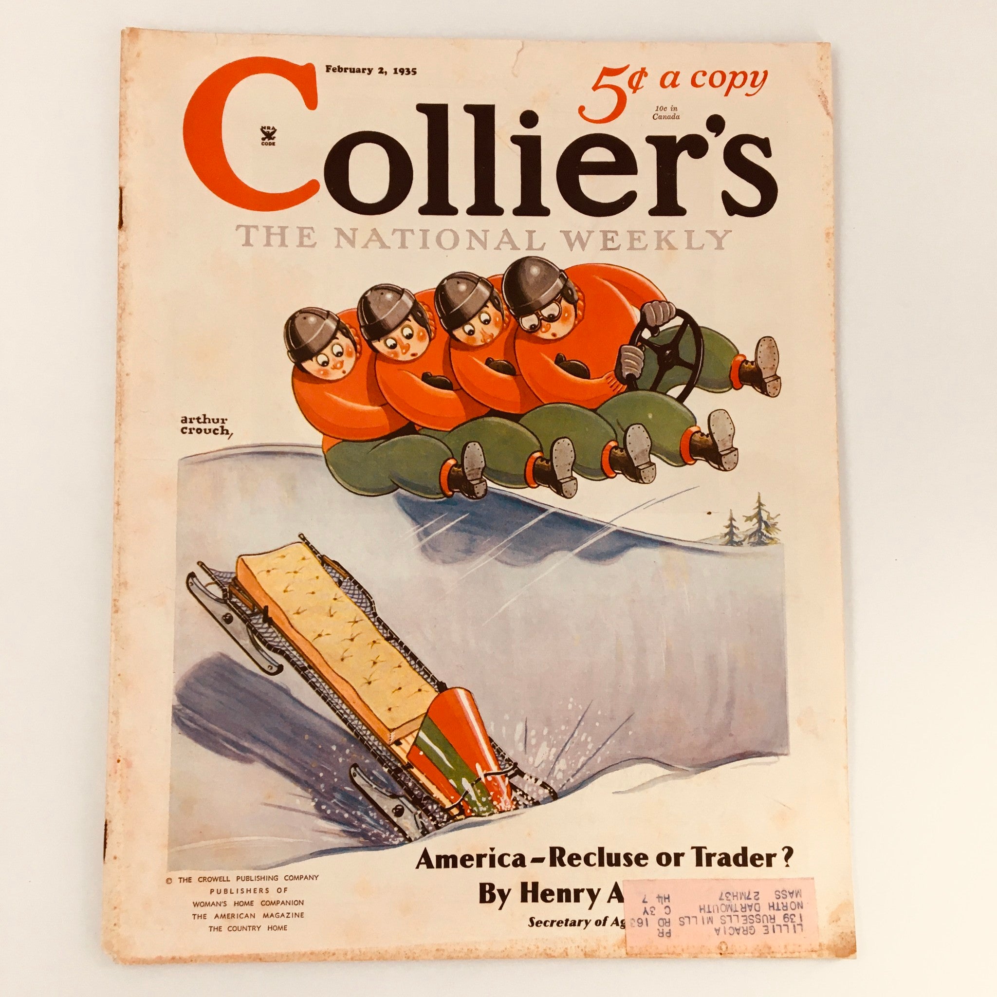 VTG Collier's Magazine February 2 1935 Arthur Crouch Bobsled Cartoon Cover