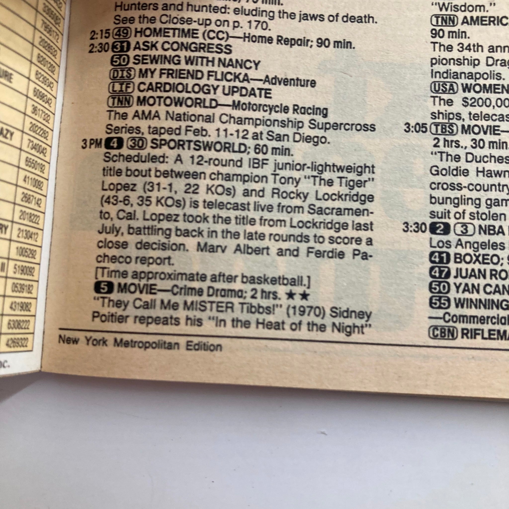 TV Guide Magazine March 4 1989 featuring programming highlights including SportsWorld, NBA games, and classic movies like 'They Call Me MISTER Tibbs'. This New York Metropolitan Edition showcases a snapshot of television history.