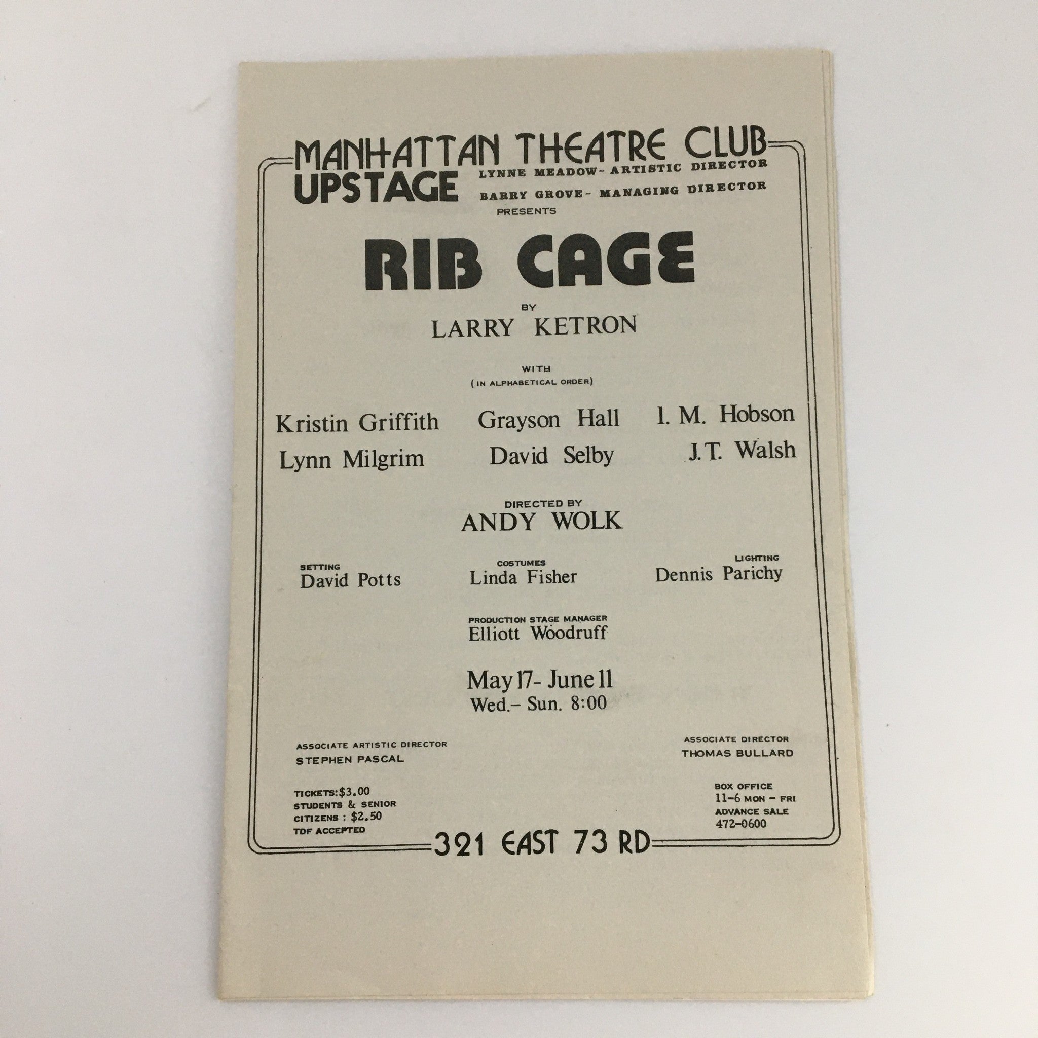 1978 Manhattan Theatre Club Rib Cage Kristin Griffith Grayson Hall David Selby