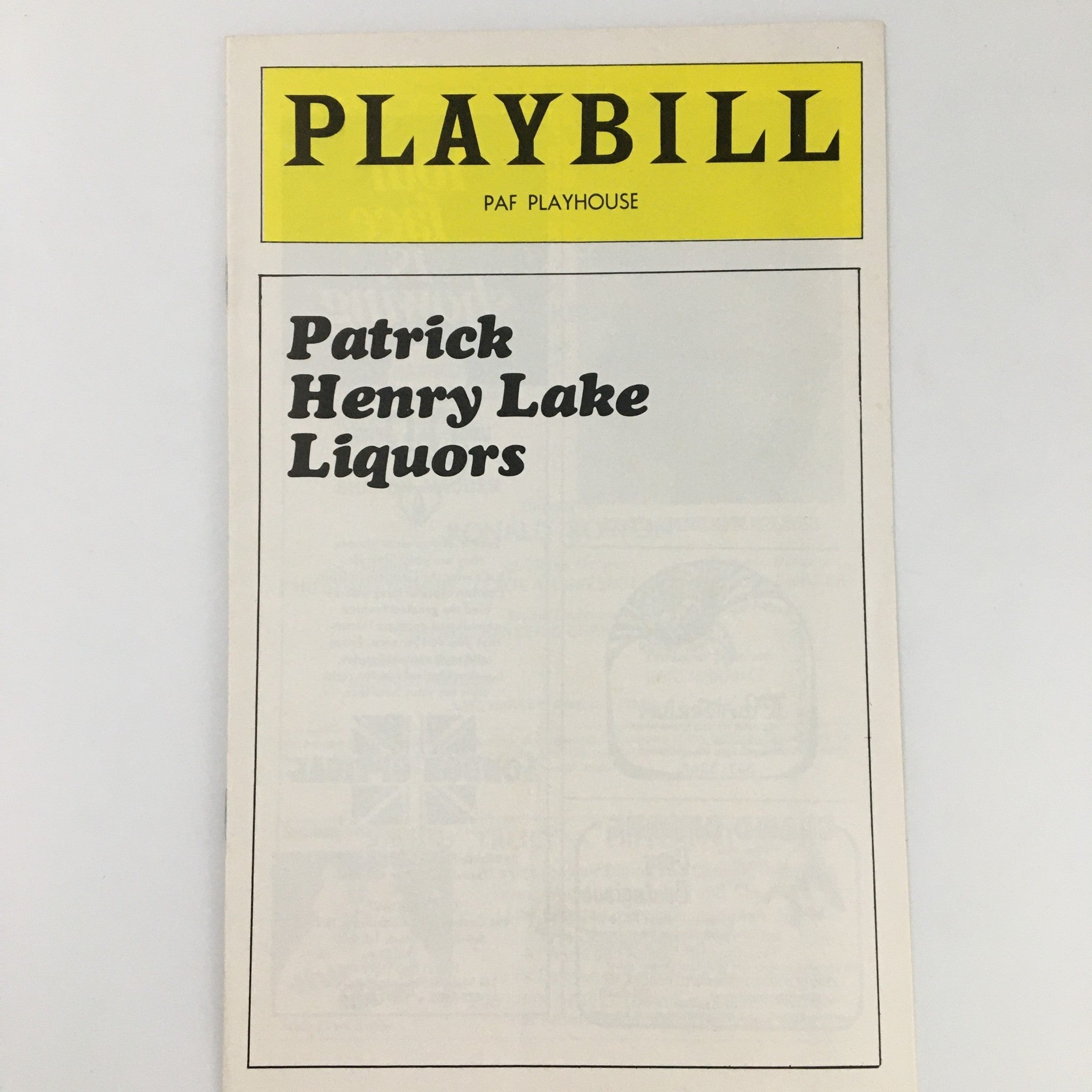 1977 Playbill PAF Playhouse 'Patrick Henry Lake Liquors' Earl Hammond Tom Mason