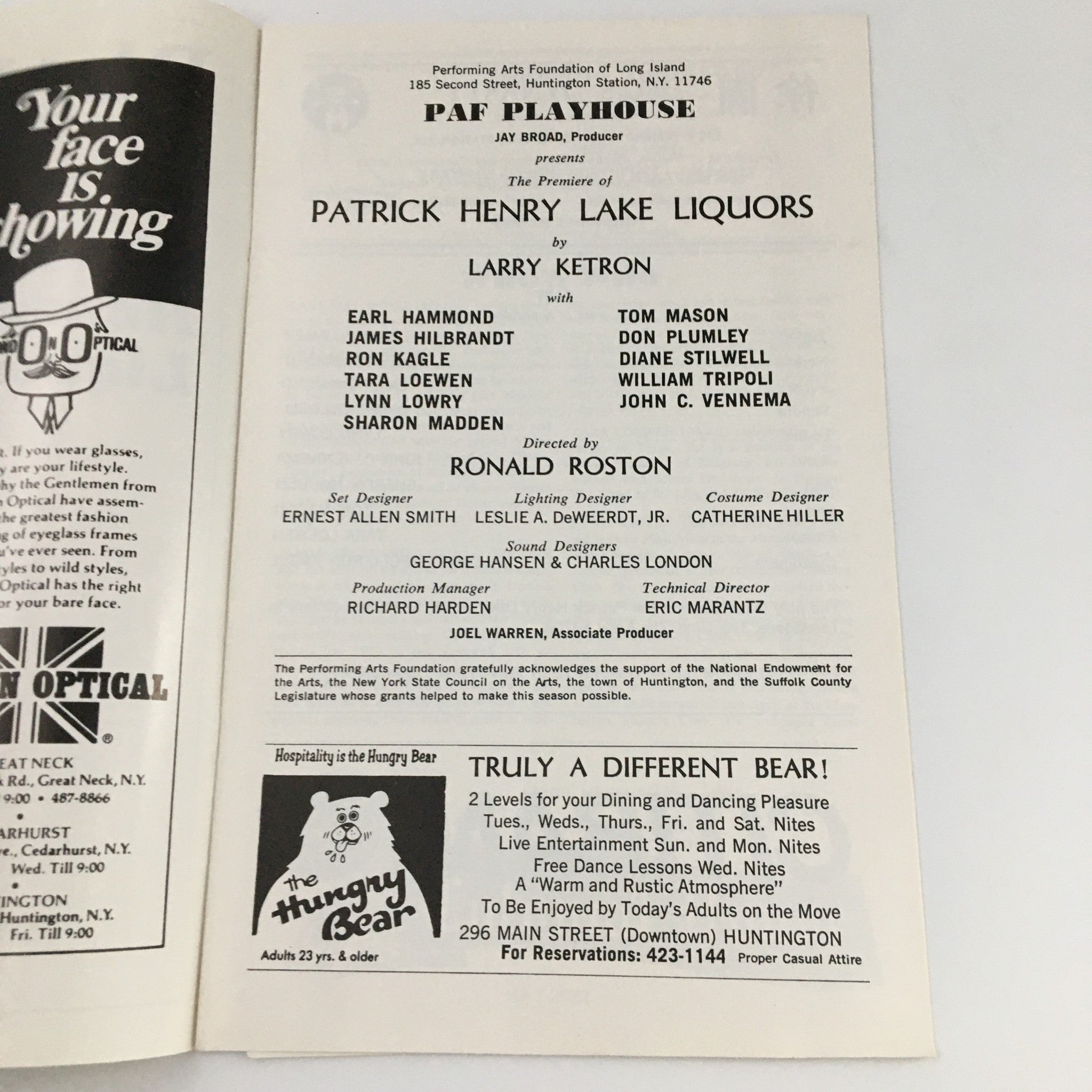 1977 Playbill PAF Playhouse 'Patrick Henry Lake Liquors' Earl Hammond Tom Mason